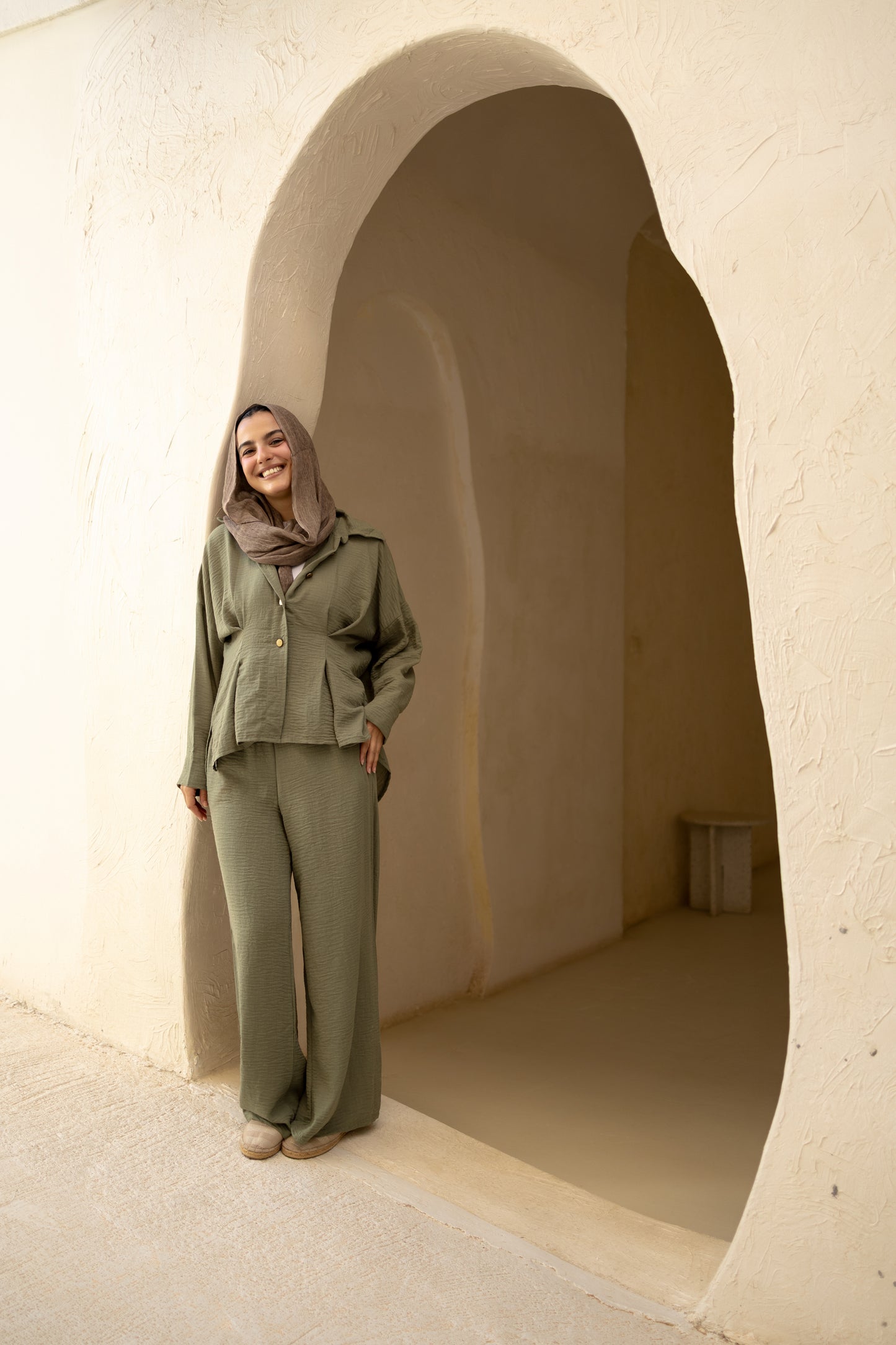 Statement Pleats Shirt Set in Olive