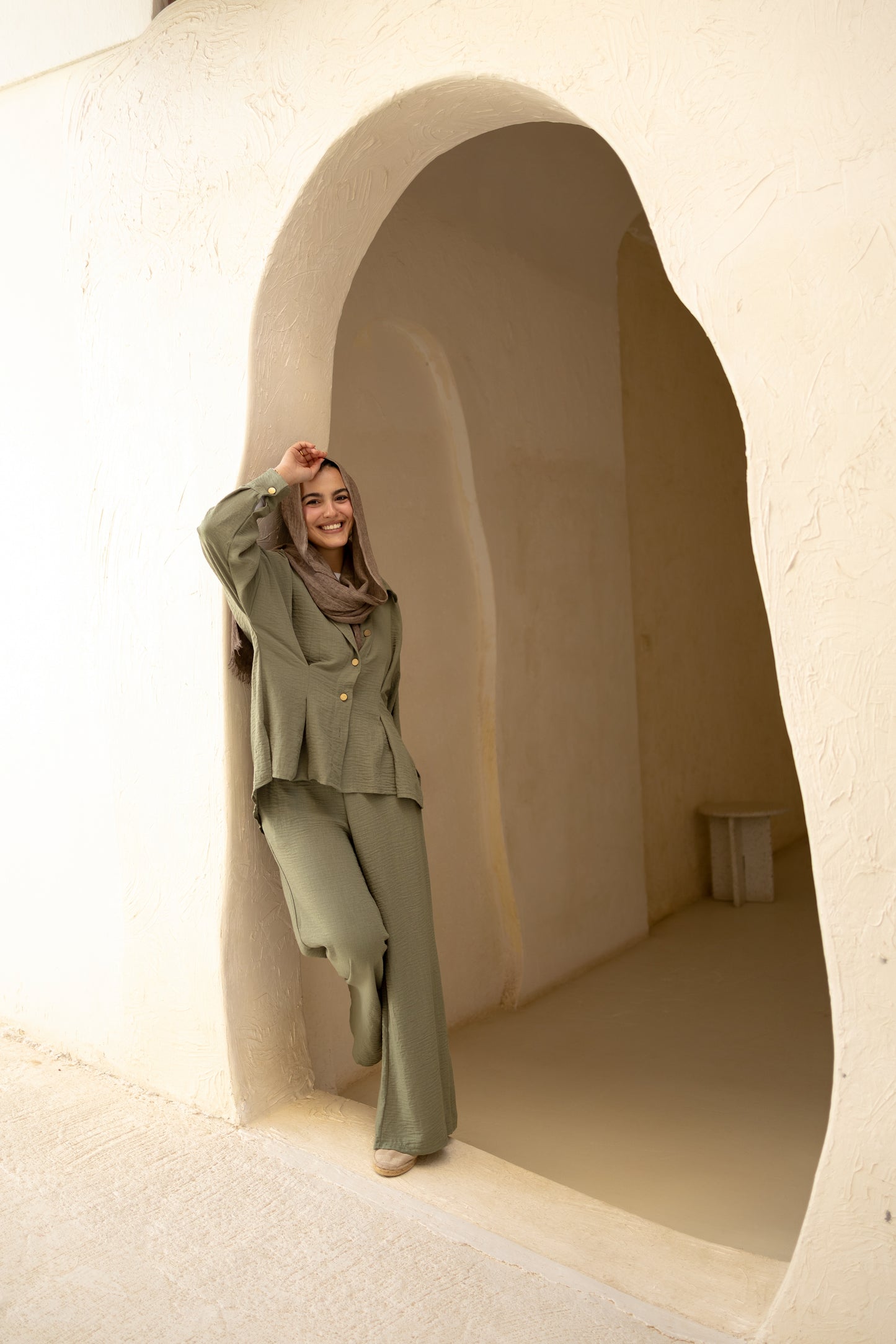 Statement Pleats Shirt Set in Olive