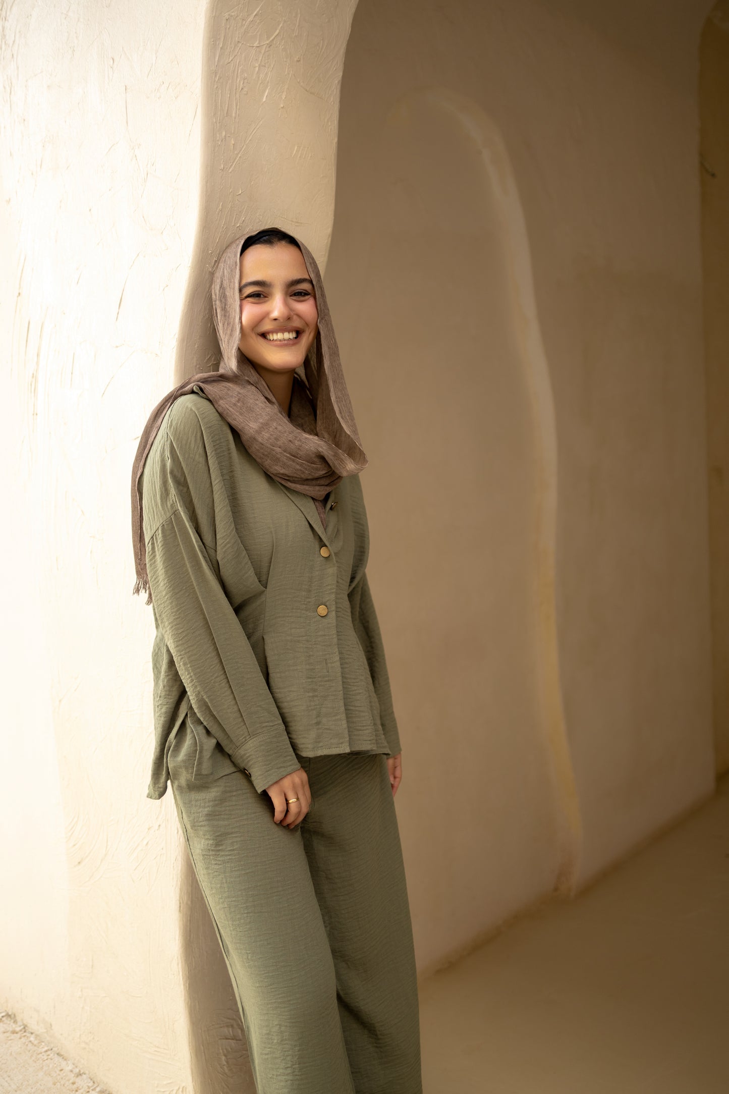 Statement Pleats Shirt Set in Olive