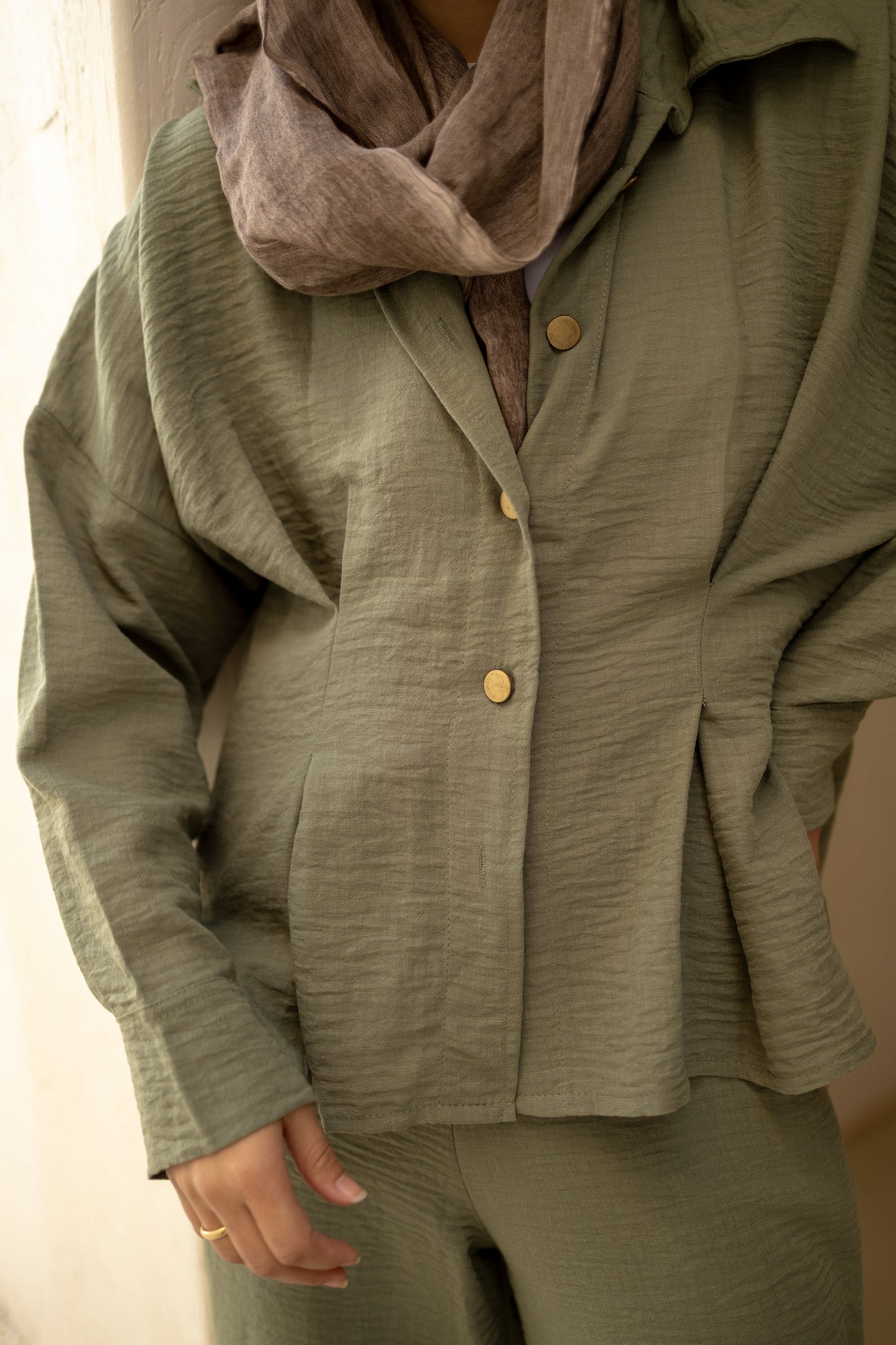 Statement Pleats Shirt Set in Olive