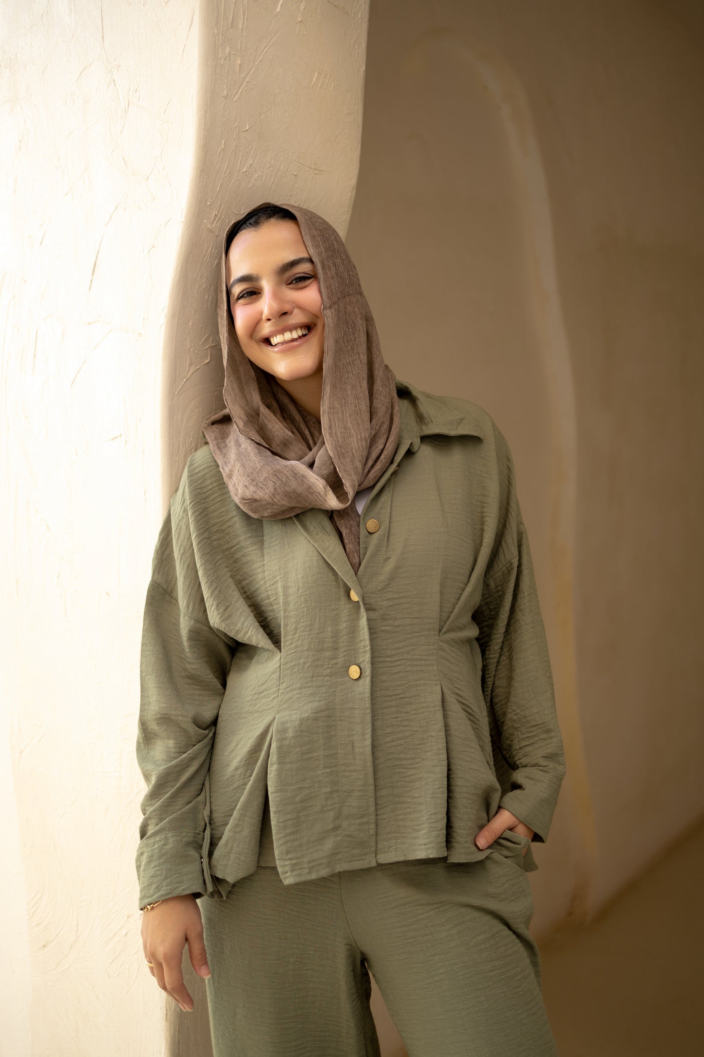 Statement Pleats Shirt Set in Olive