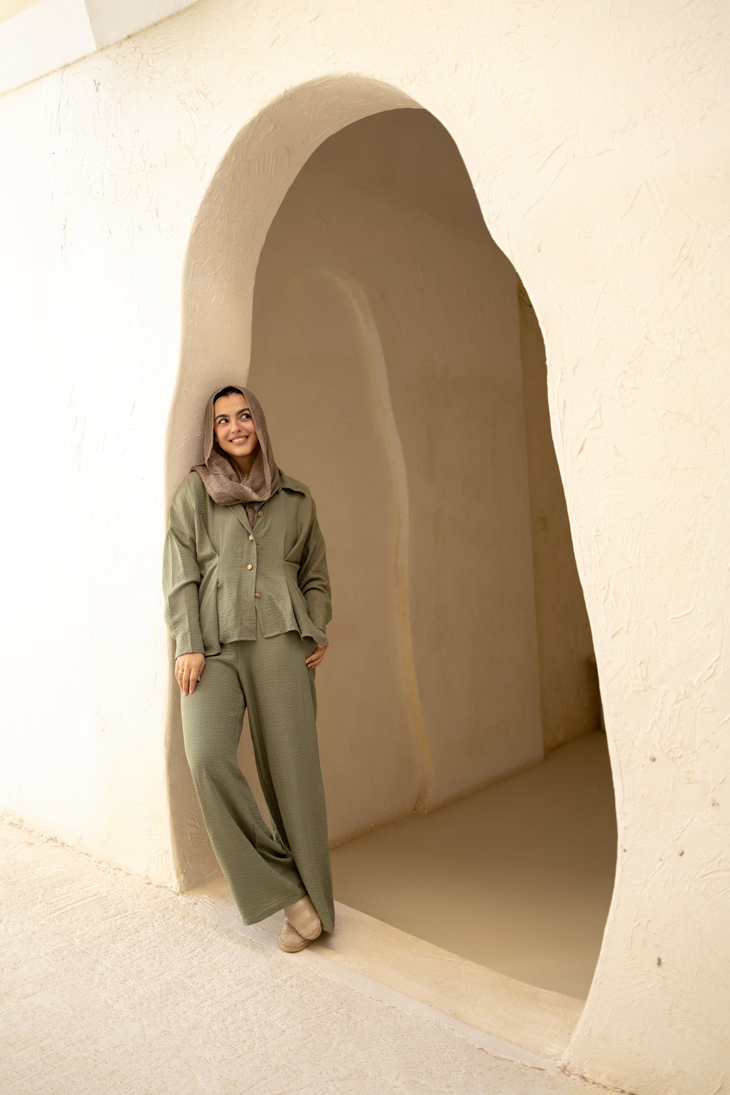 Statement Pleats Shirt Set in Olive