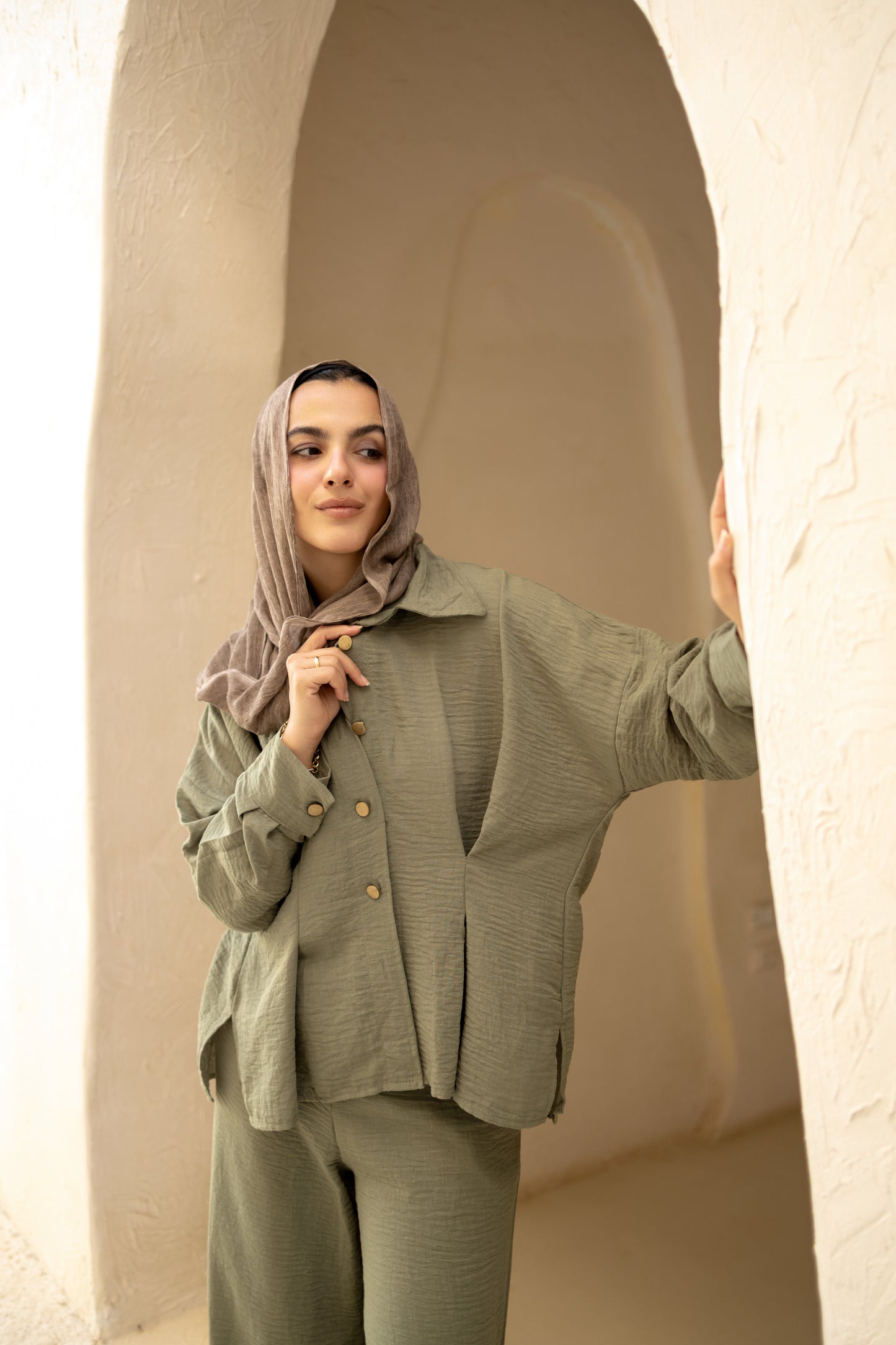 Statement Pleats Shirt Set in Olive