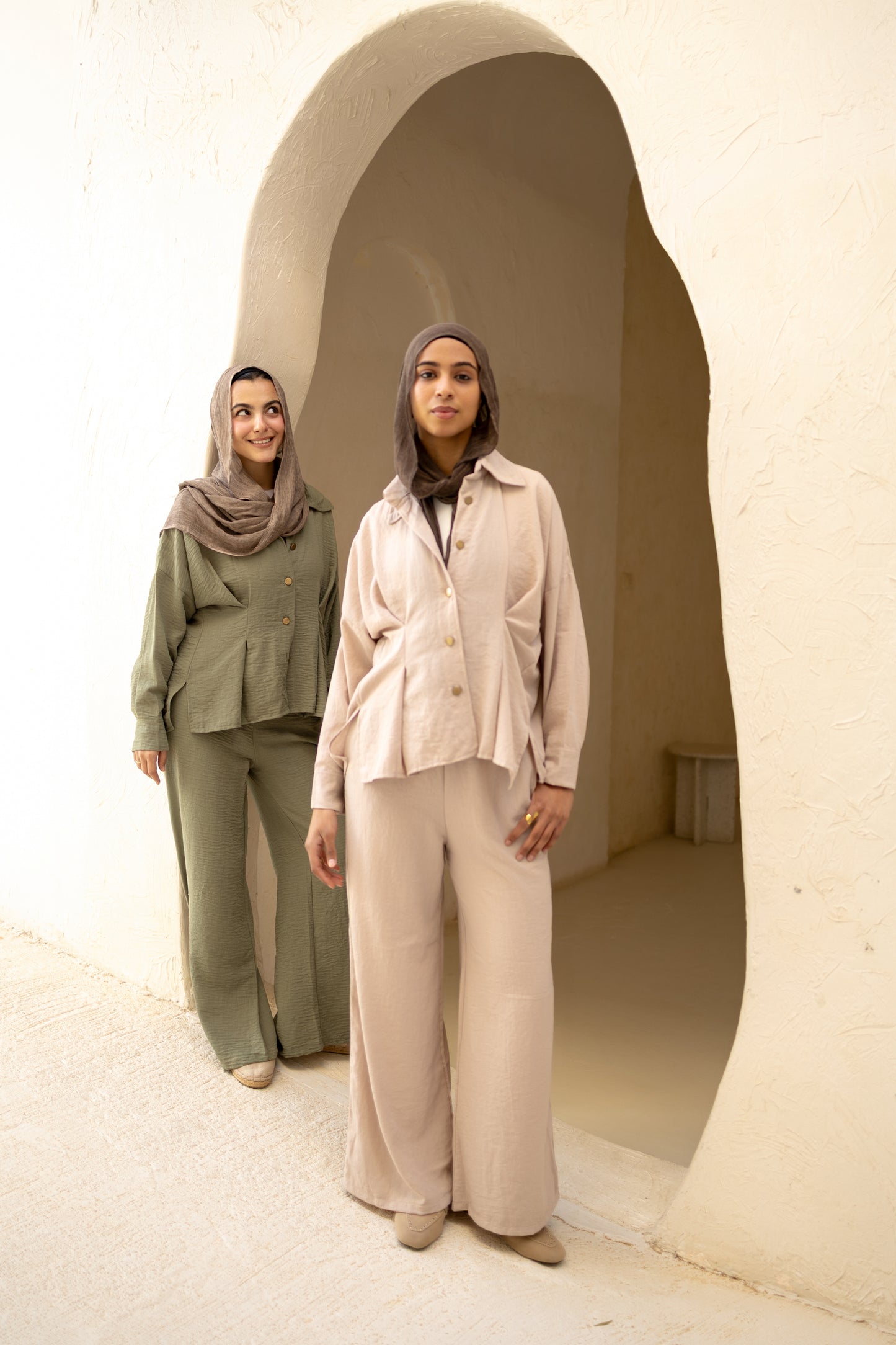 Statement Pleats Shirt Set in Beige