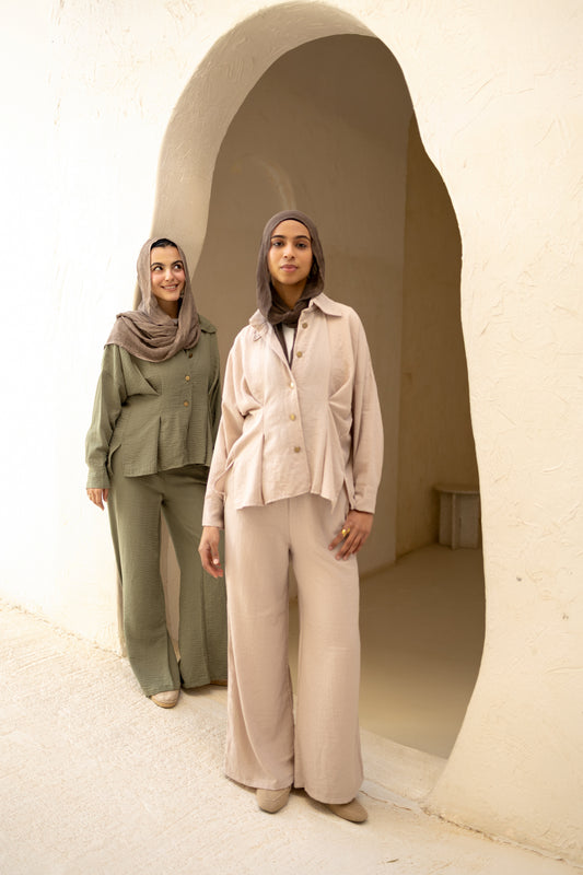 Statement Pleats Shirt Set in Beige