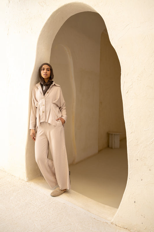 Statement Pleats Shirt Set in Beige