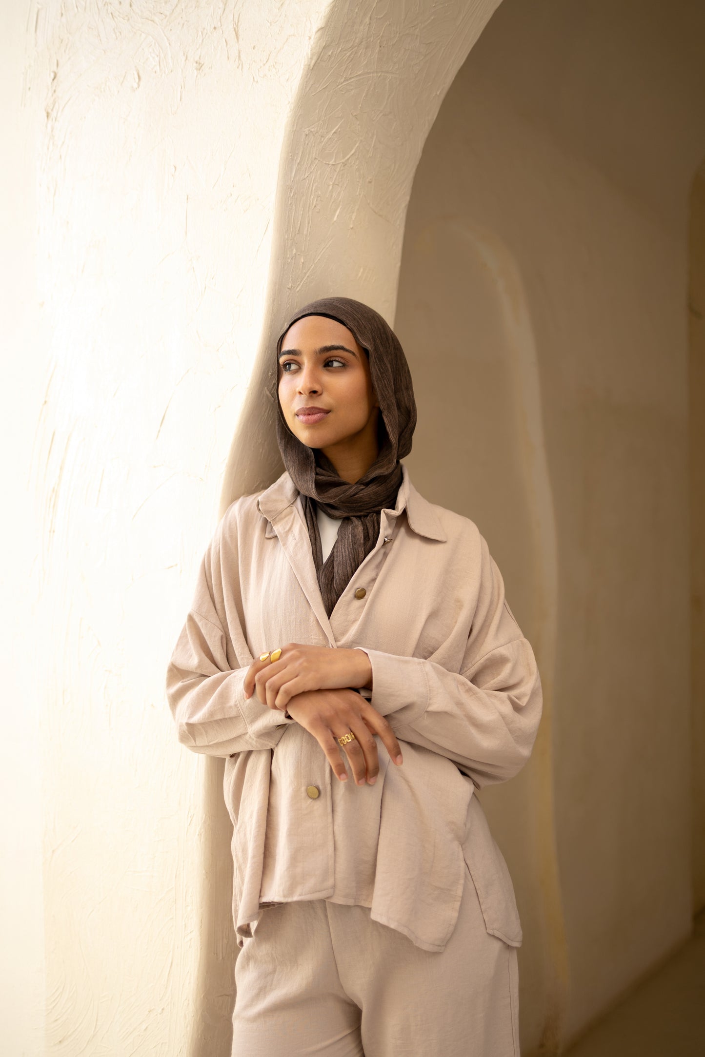 Statement Pleats Shirt Set in Beige