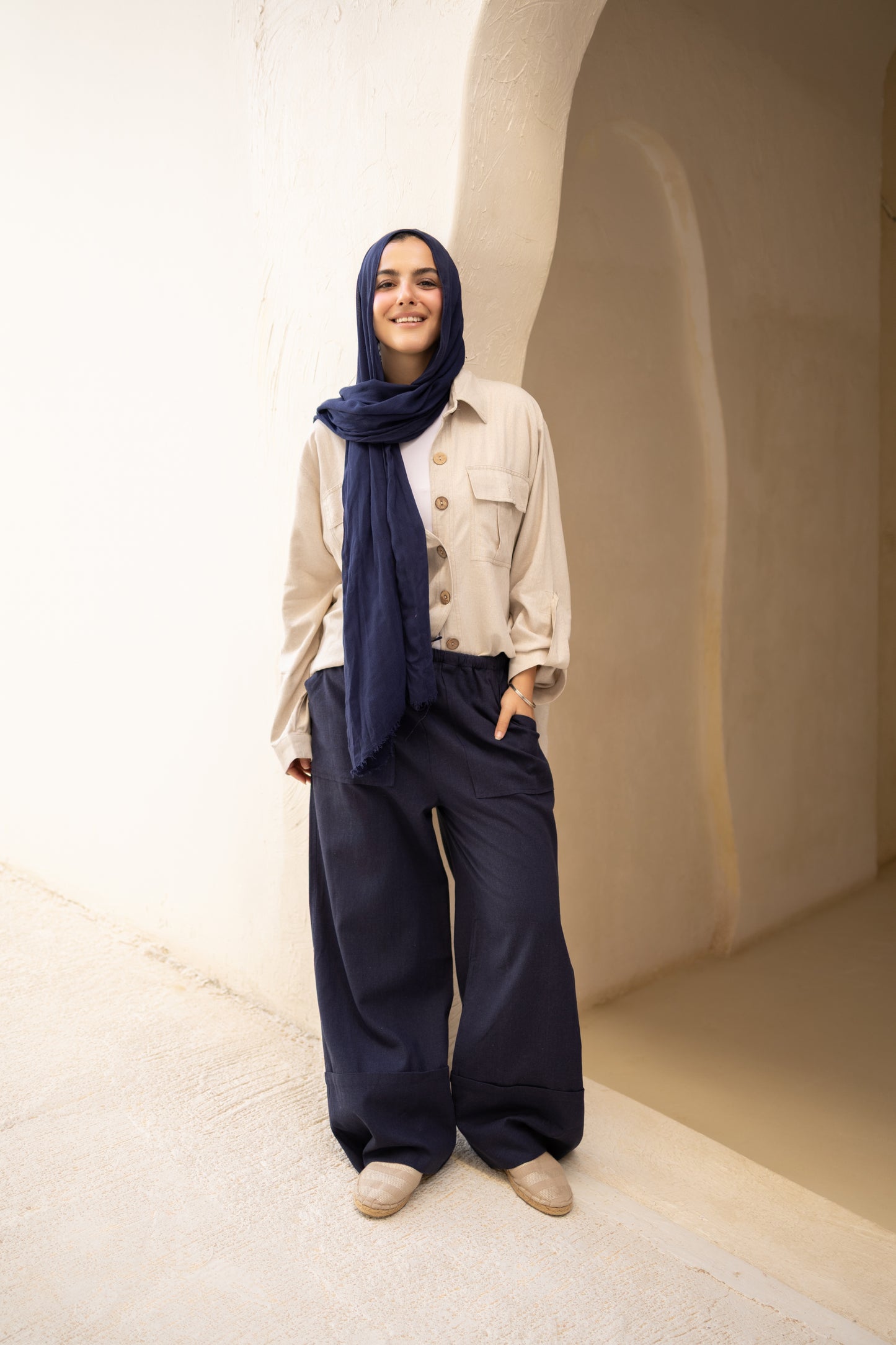 Wide Linen Pants in Navy Blue
