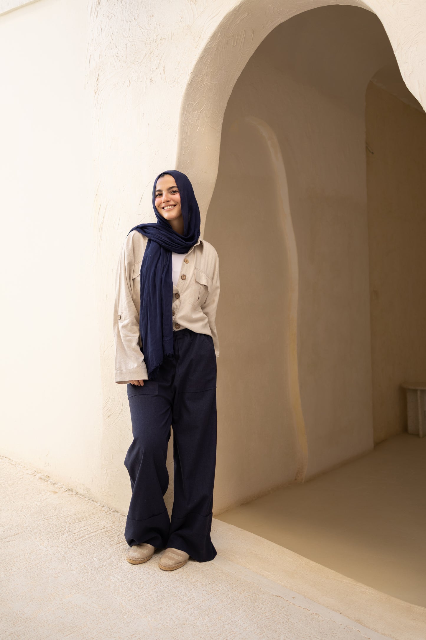 Wide Linen Pants in Navy Blue