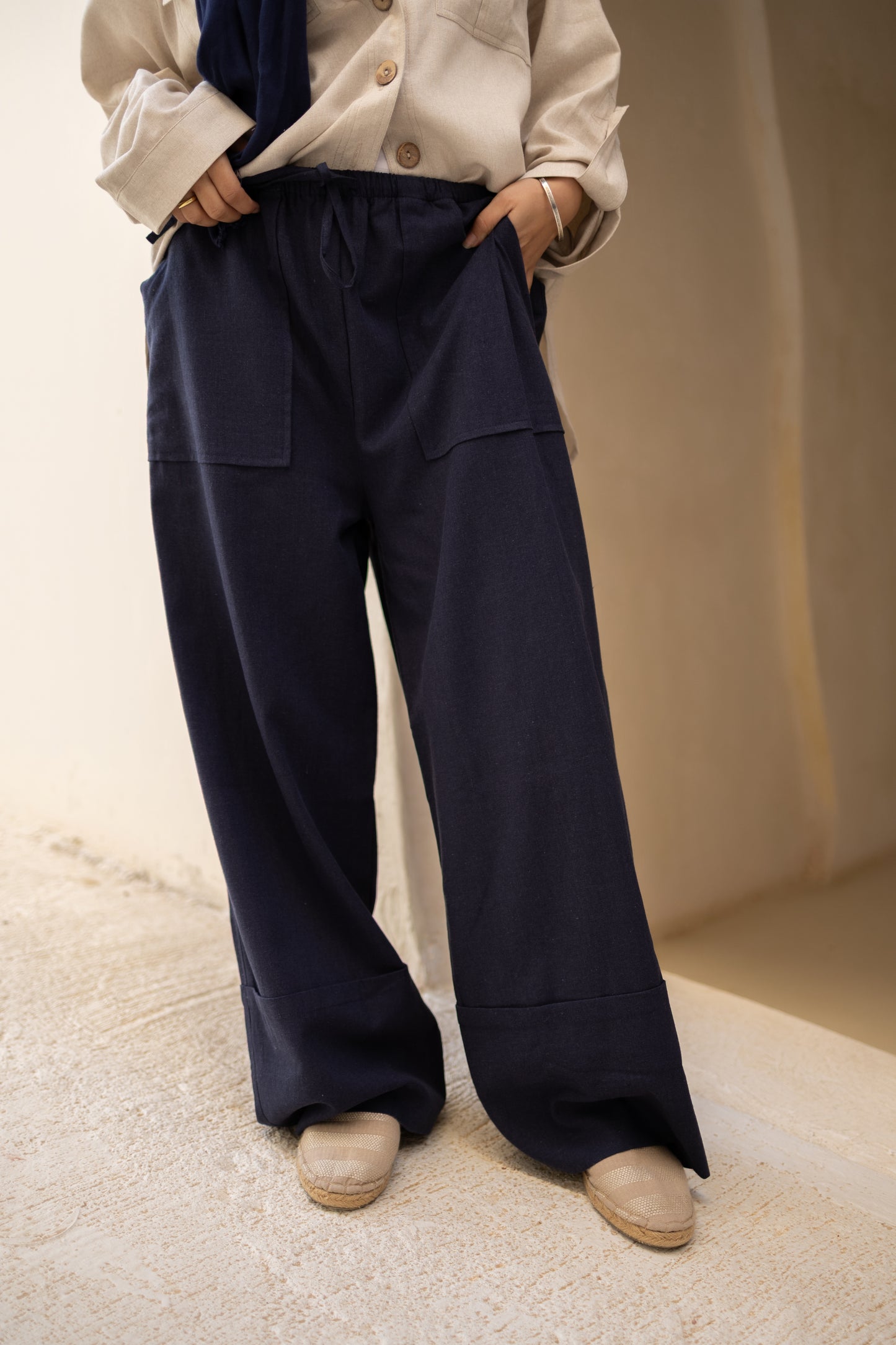 Wide Linen Pants in Navy Blue