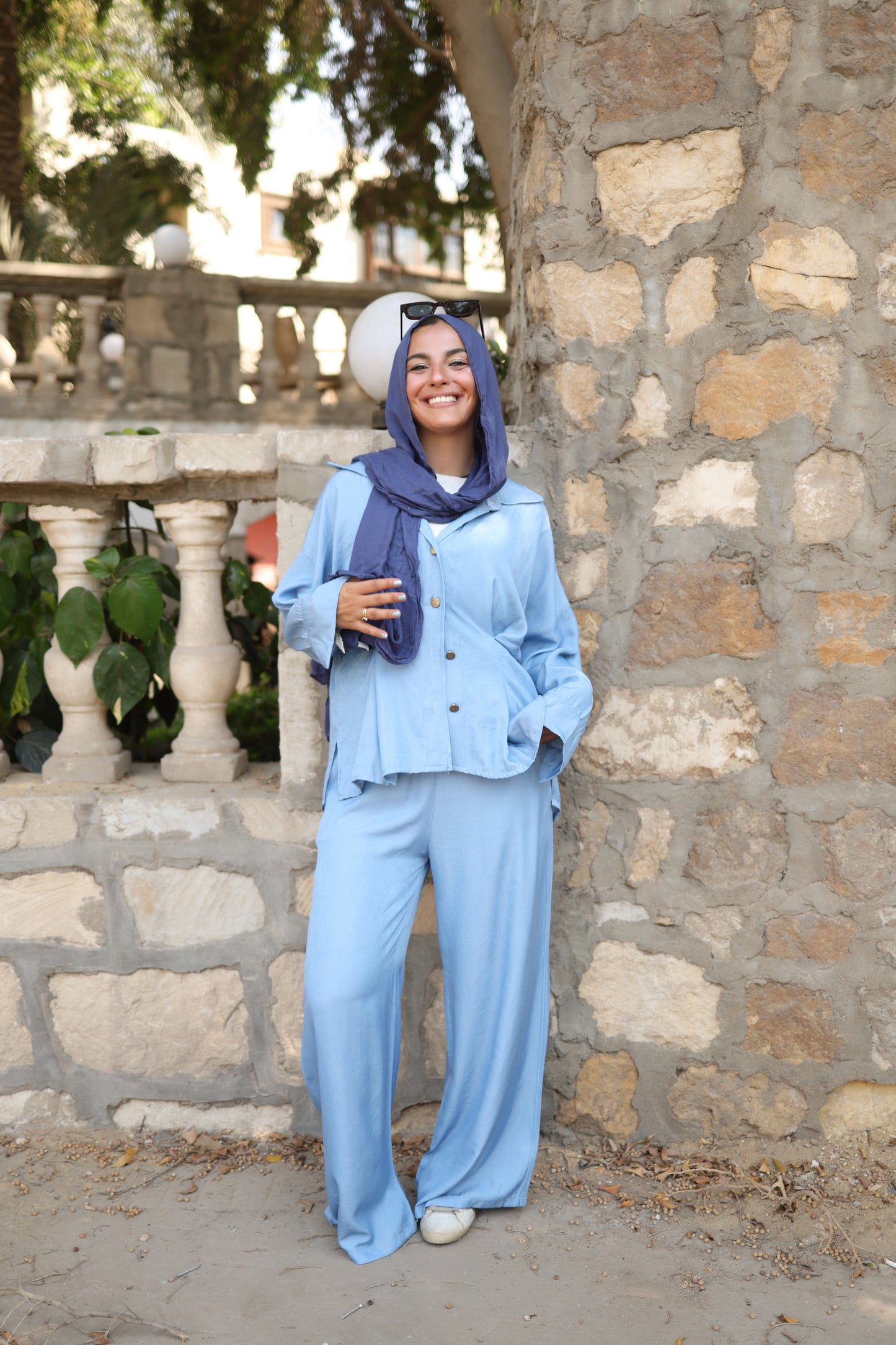 Pleats Shirt Set in Sky Blue