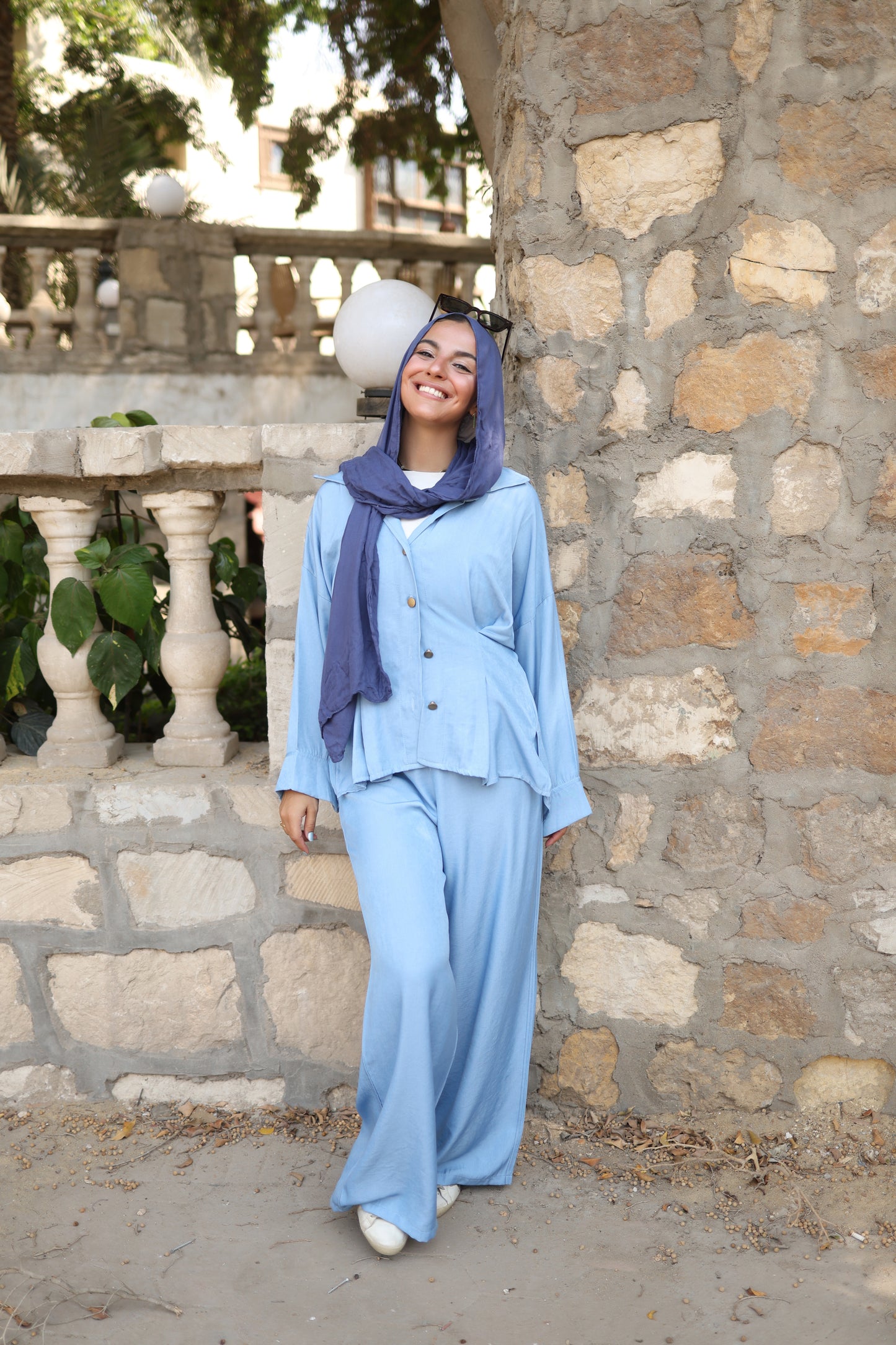 Pleats Shirt Set in Sky Blue