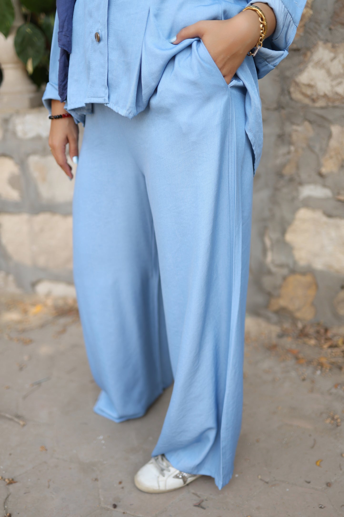 Pleats Shirt Set in Sky Blue