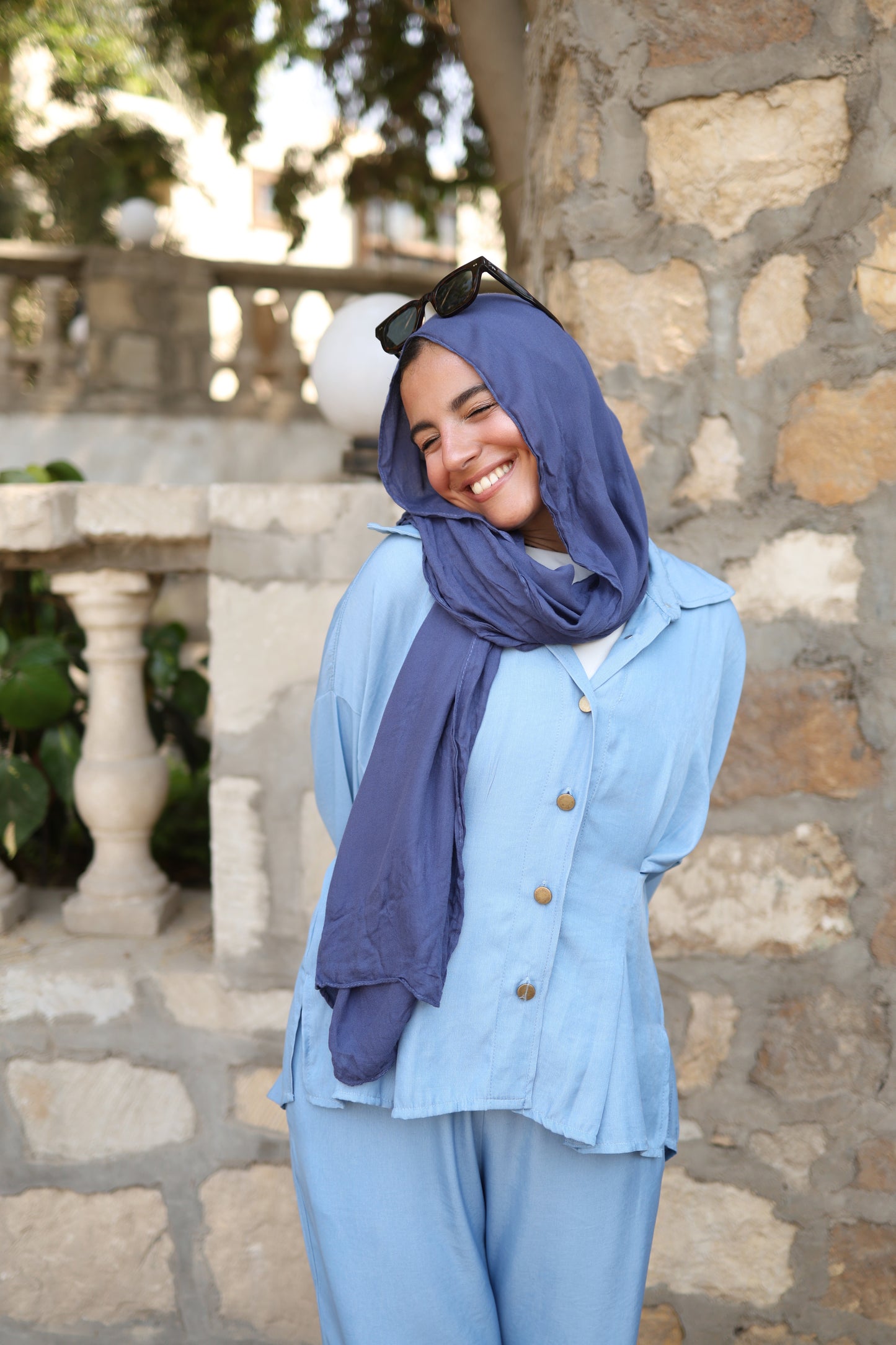 Pleats Shirt Set in Sky Blue