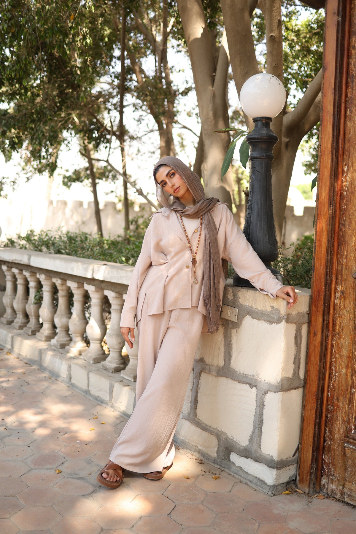 Statement Pleats Shirt Set in Beige