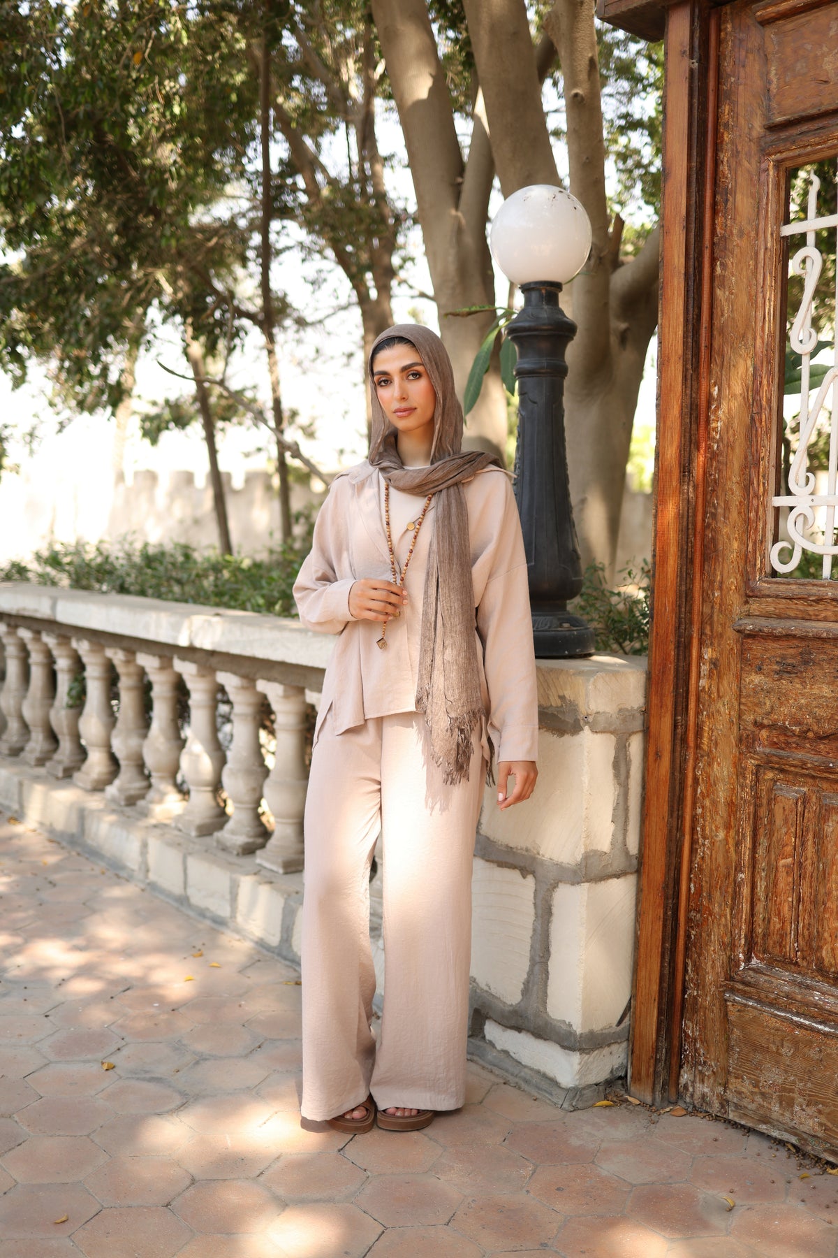 Statement Pleats Shirt Set in Beige