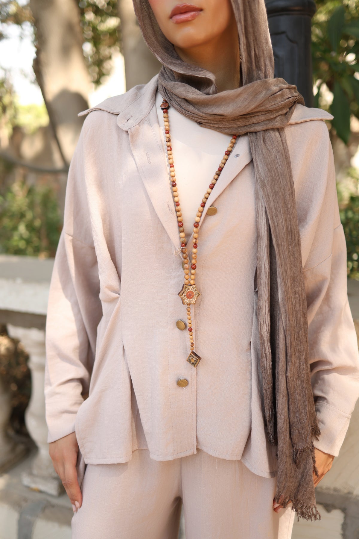 Statement Pleats Shirt Set in Beige