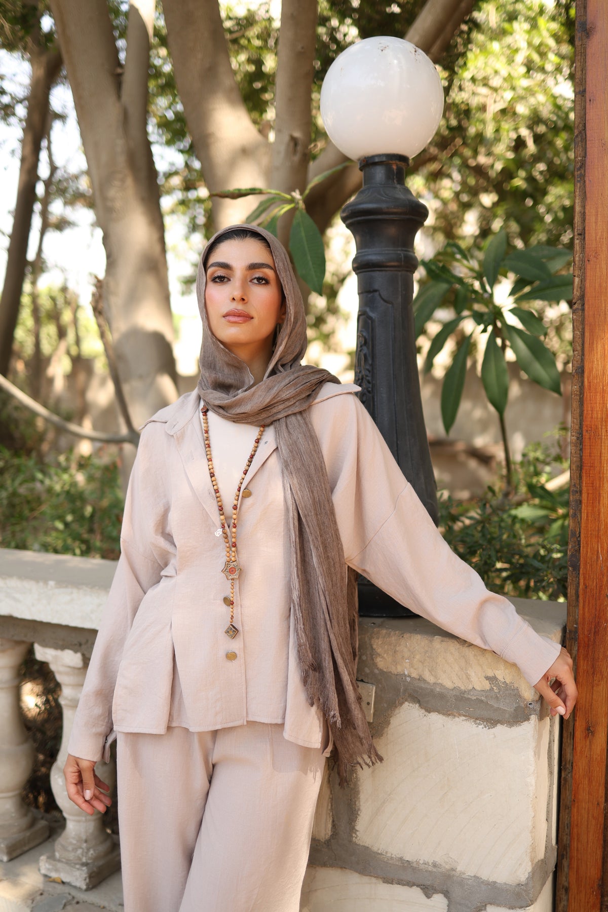 Statement Pleats Shirt Set in Beige
