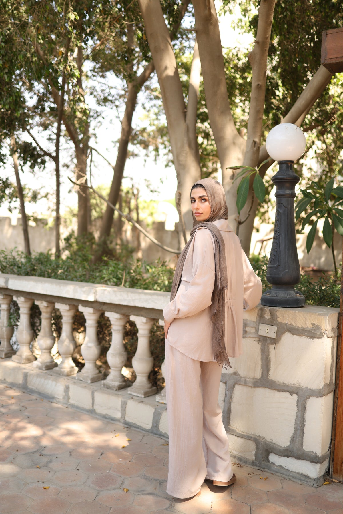 Statement Pleats Shirt Set in Beige