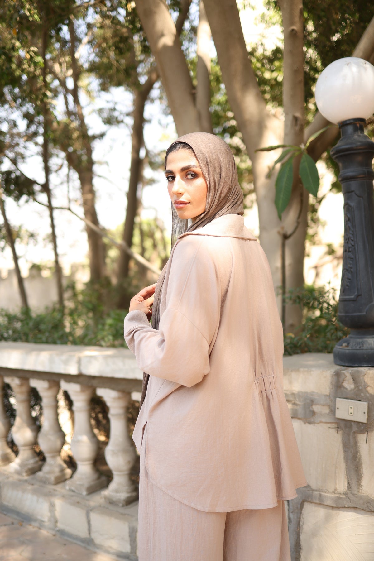 Statement Pleats Shirt Set in Beige