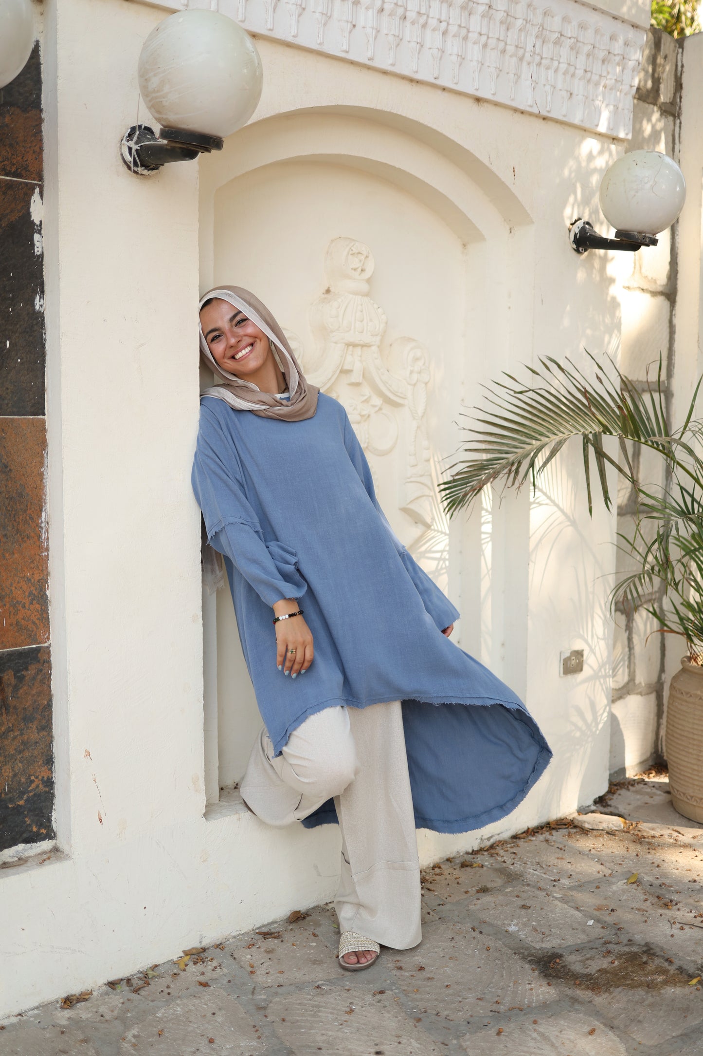 Flowy High Low Linen Top in Blue