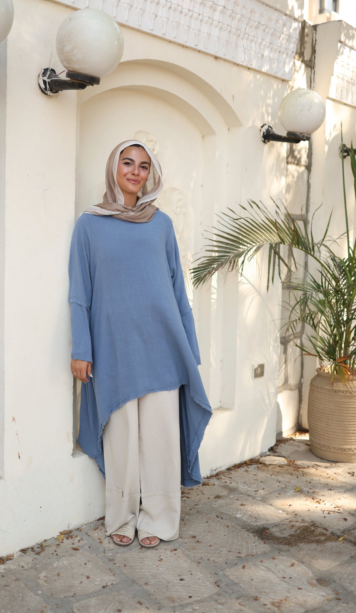 Flowy High Low Linen Top in Blue