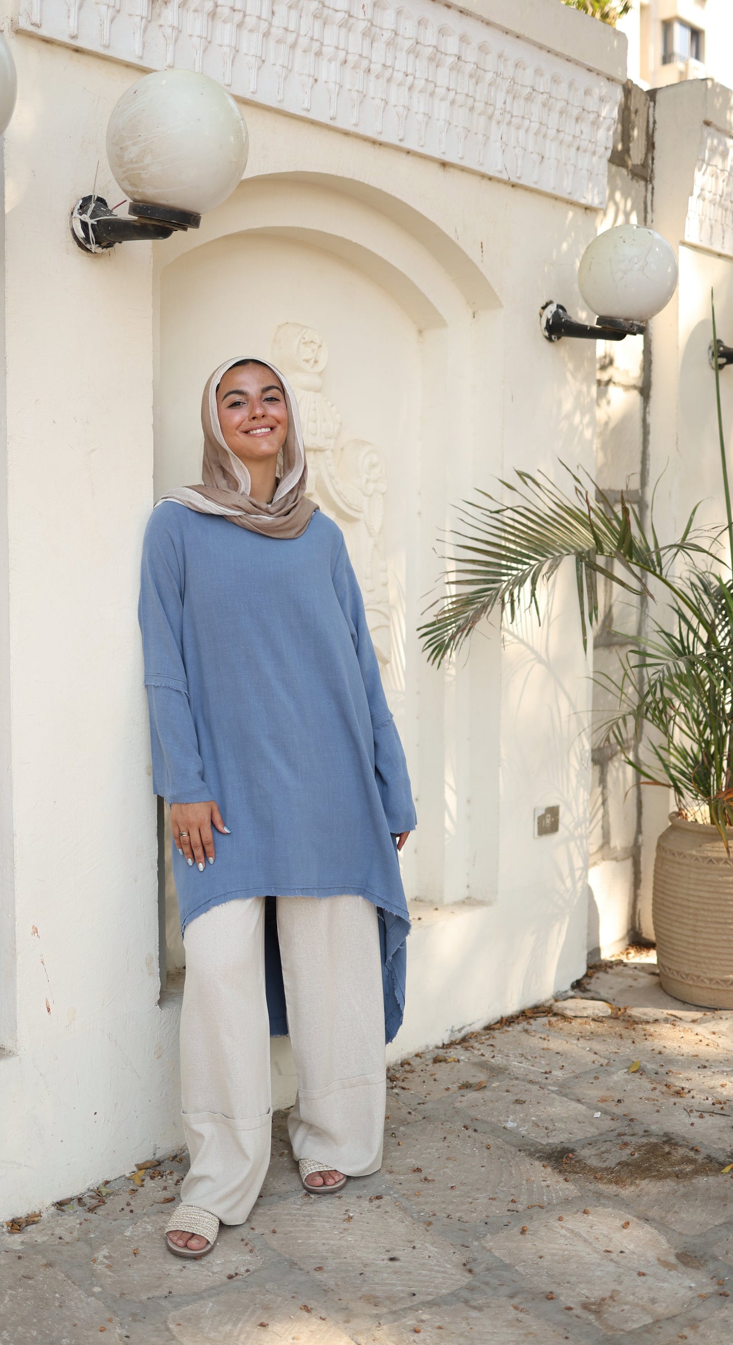 Flowy High Low Linen Top in Blue