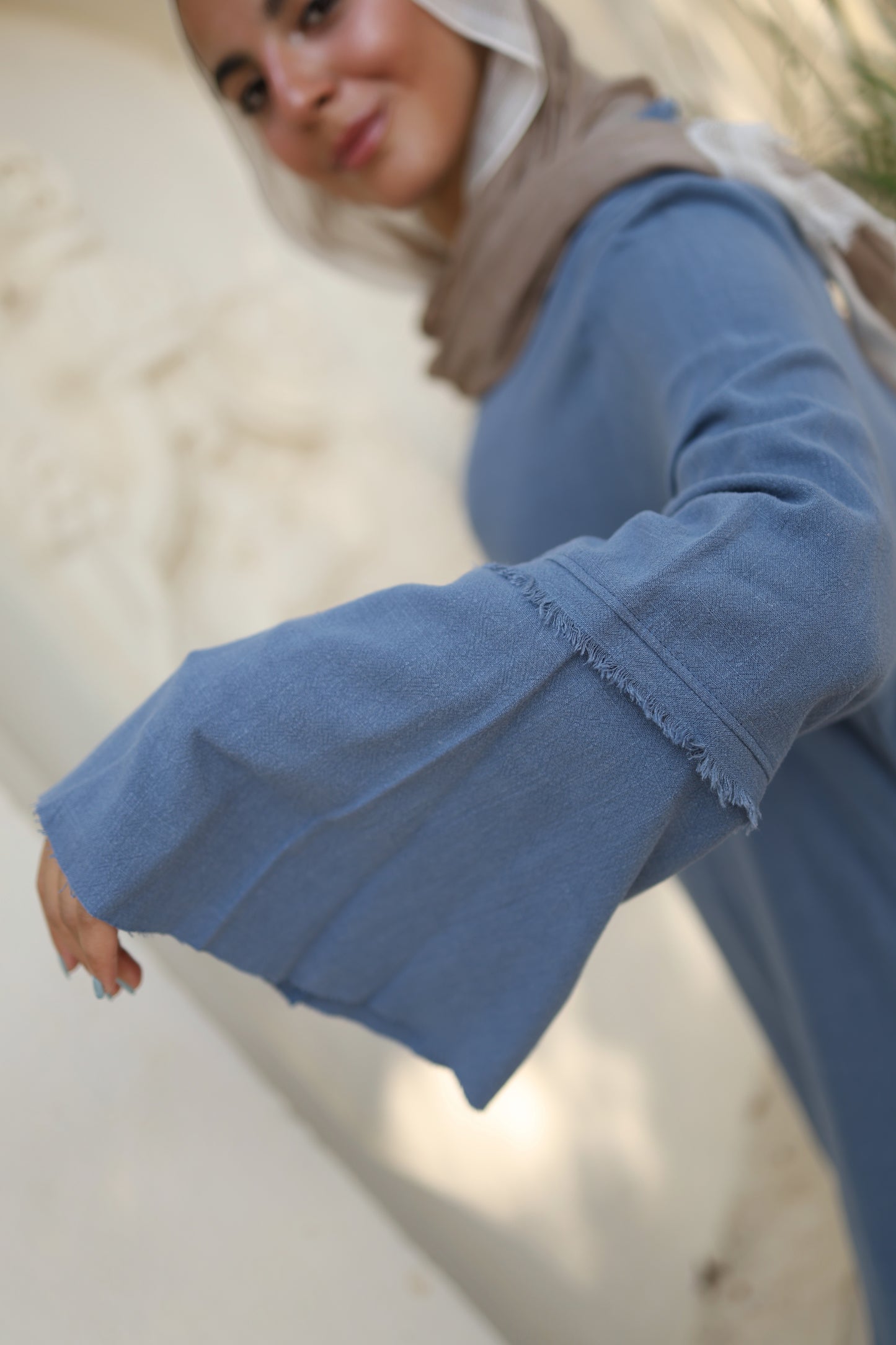 Flowy High Low Linen Top in Blue