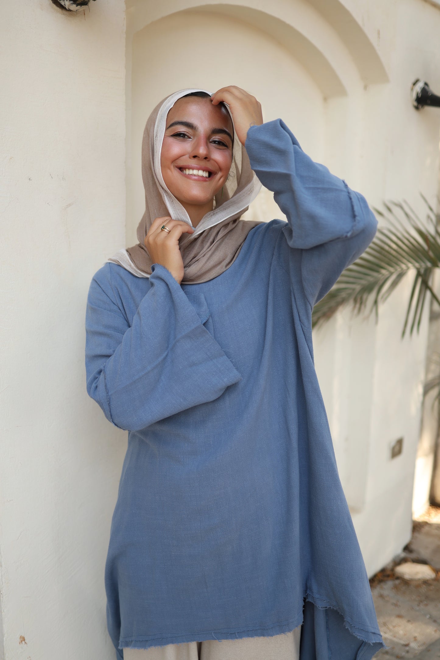 Flowy High Low Linen Top in Blue