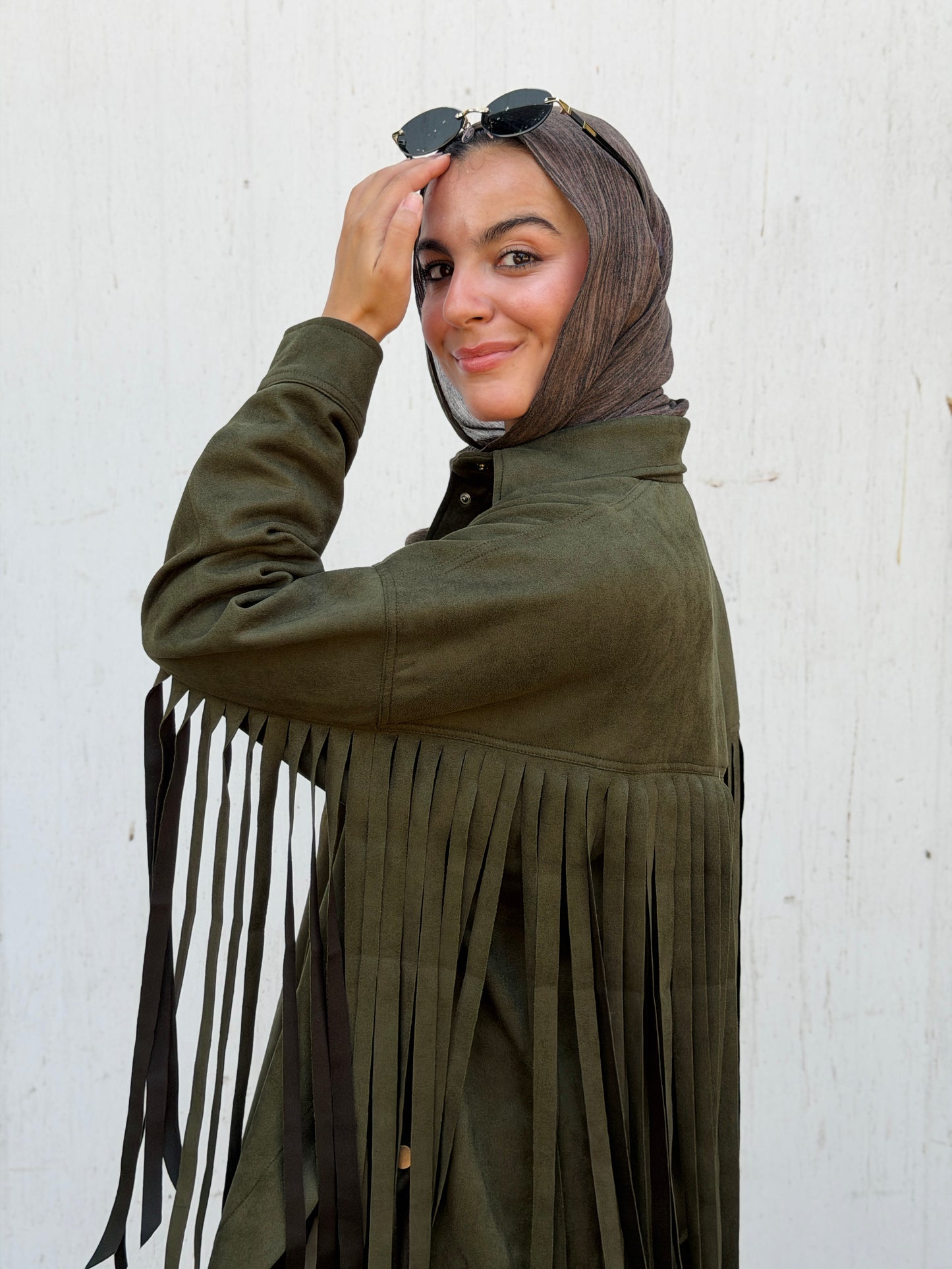 Back Fringes Suede Shirt in Olive