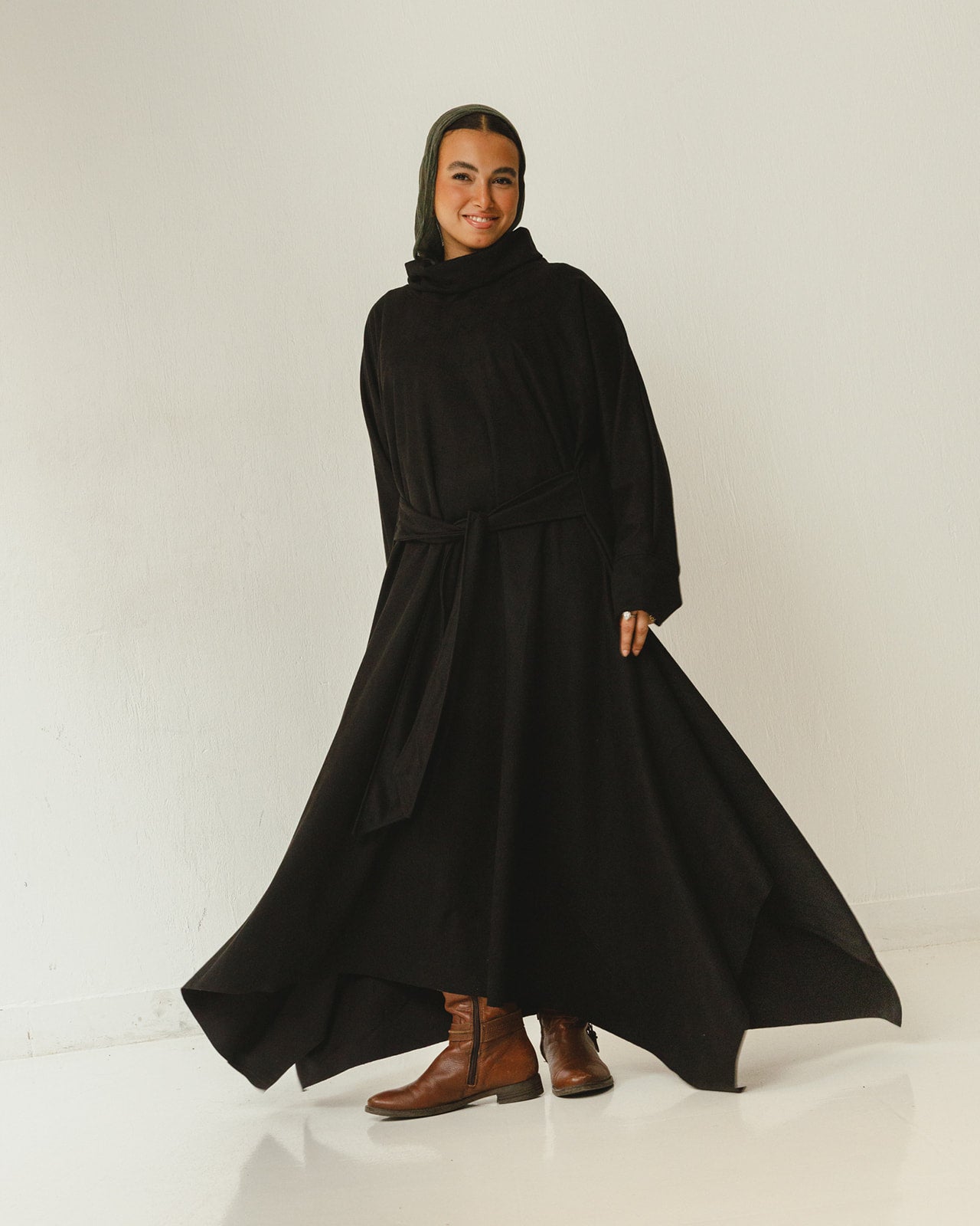 Asymmetrical Belt Dress in Olive