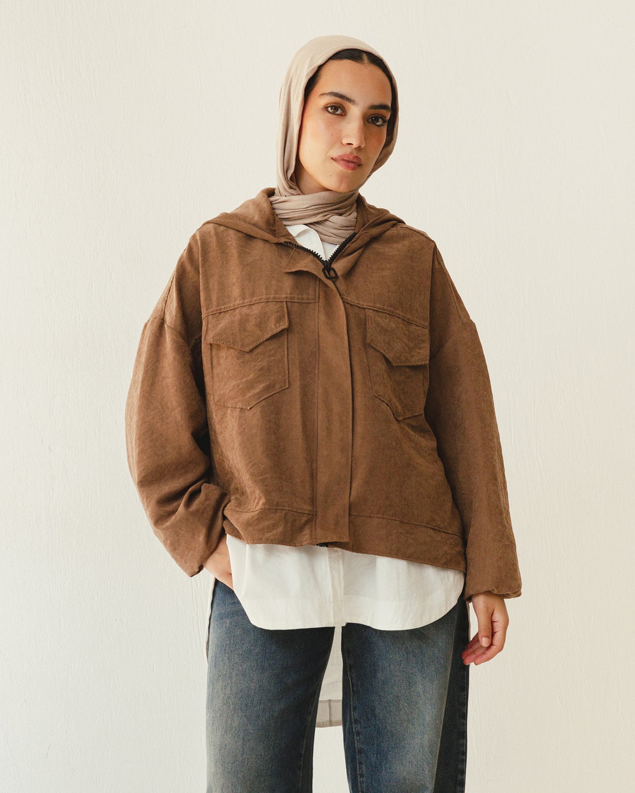 Bomber Hoodie Jacket in Brown