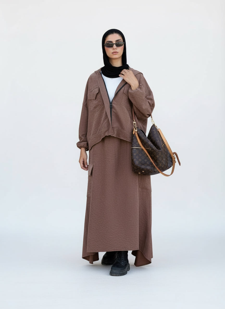 Bomber Jacket Flowy Skirt Set in Brown