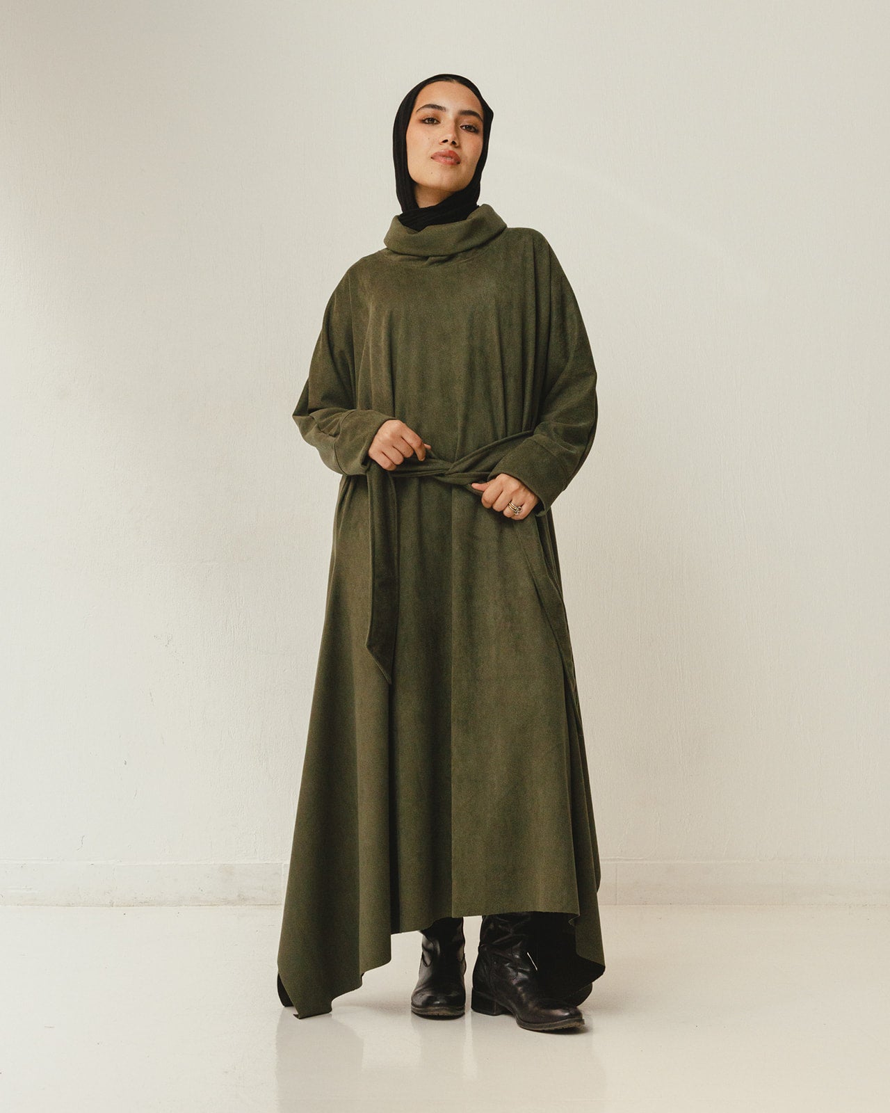 Asymmetrical Belt Dress in Olive