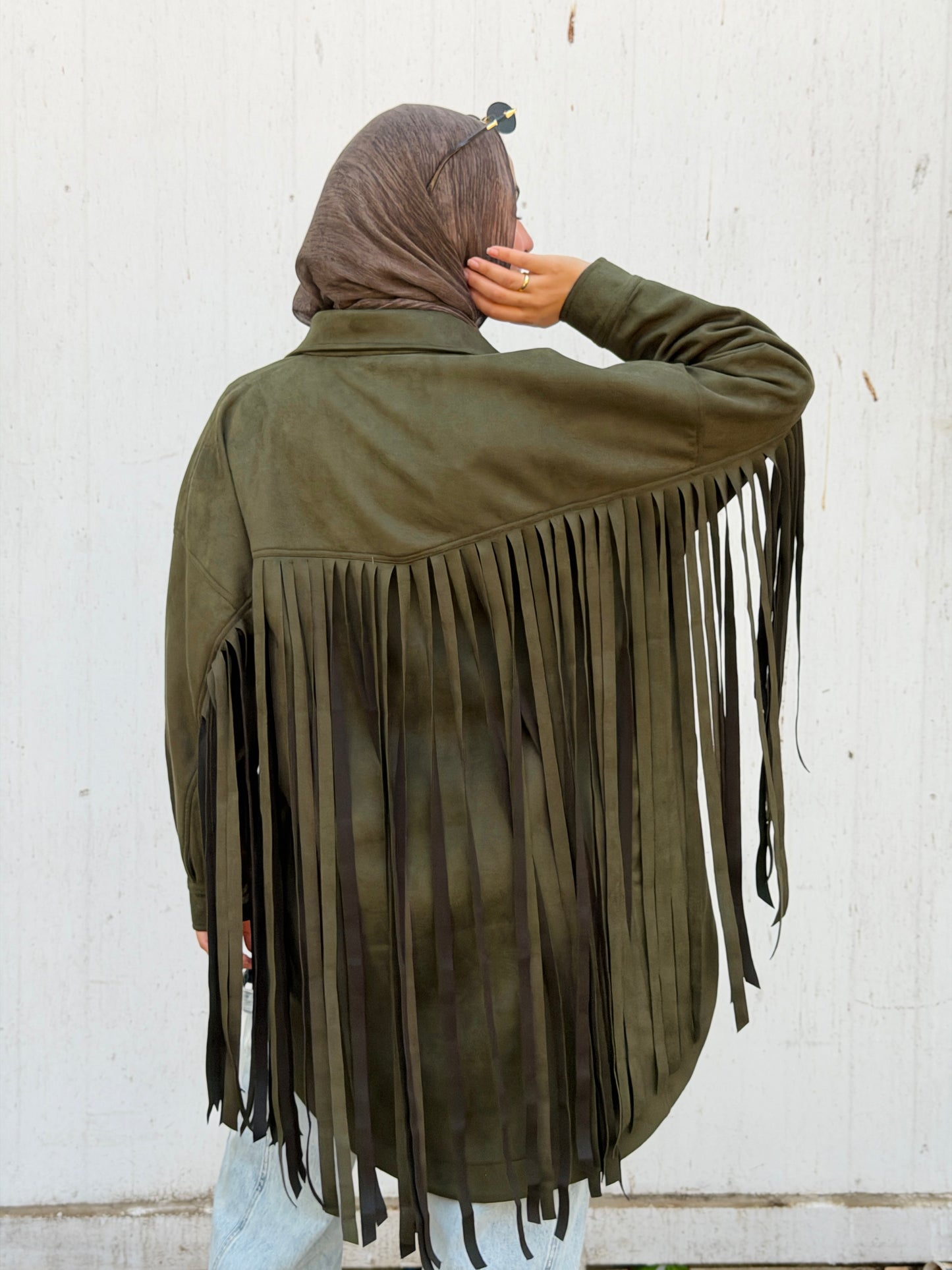Back Fringes Suede Shirt in Olive