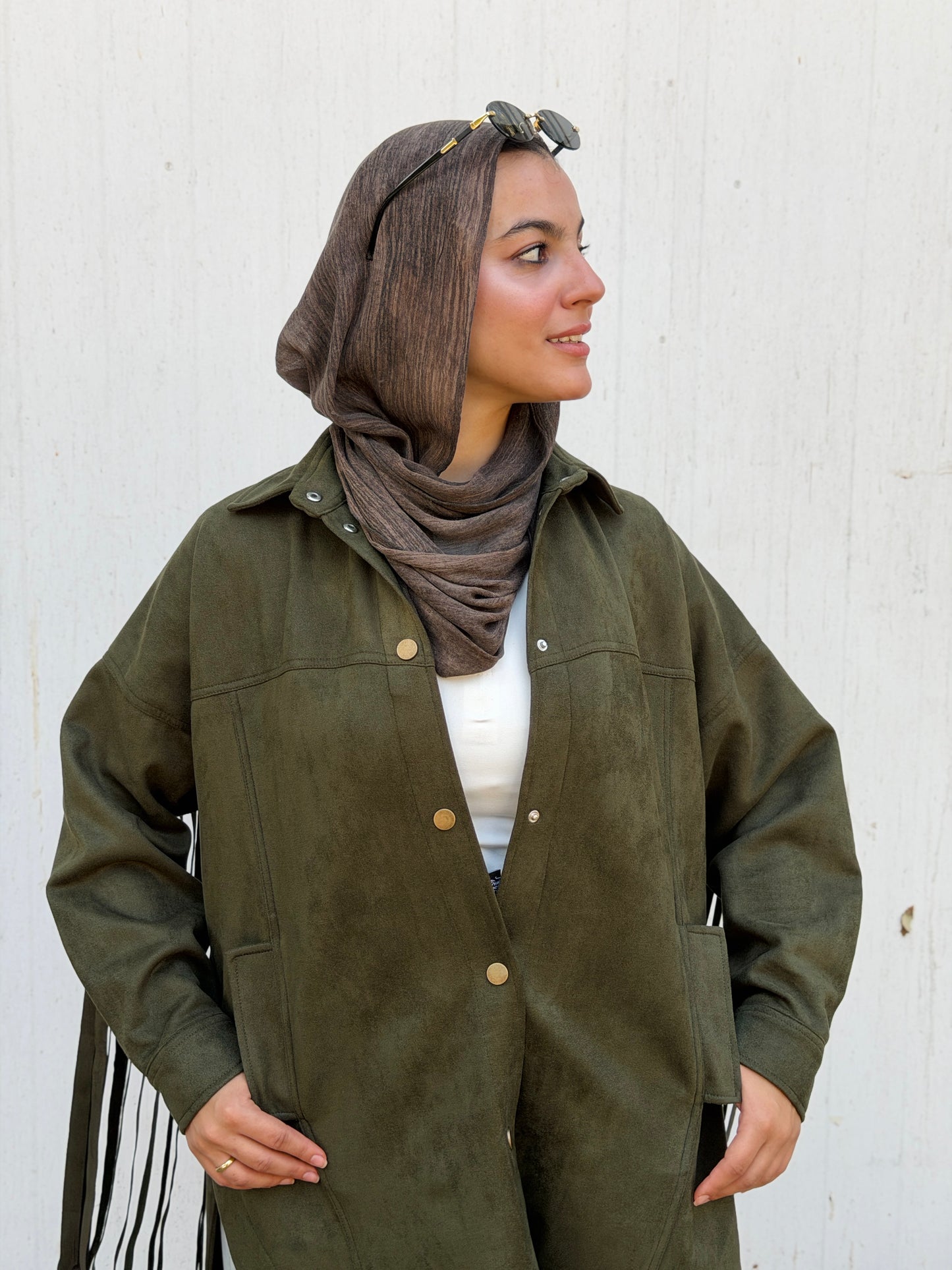 Back Fringes Suede Shirt in Olive