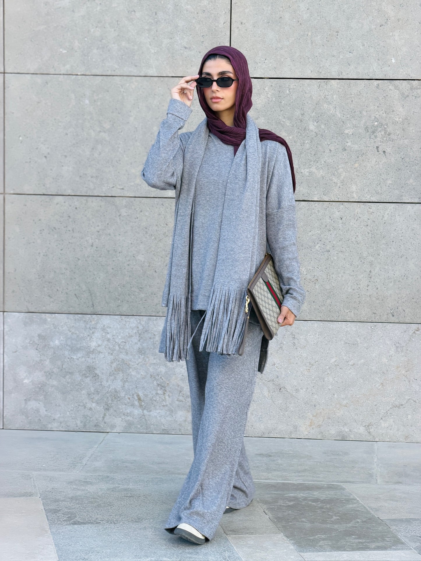 Cozy Fringes Scarf Knit Set in Grey