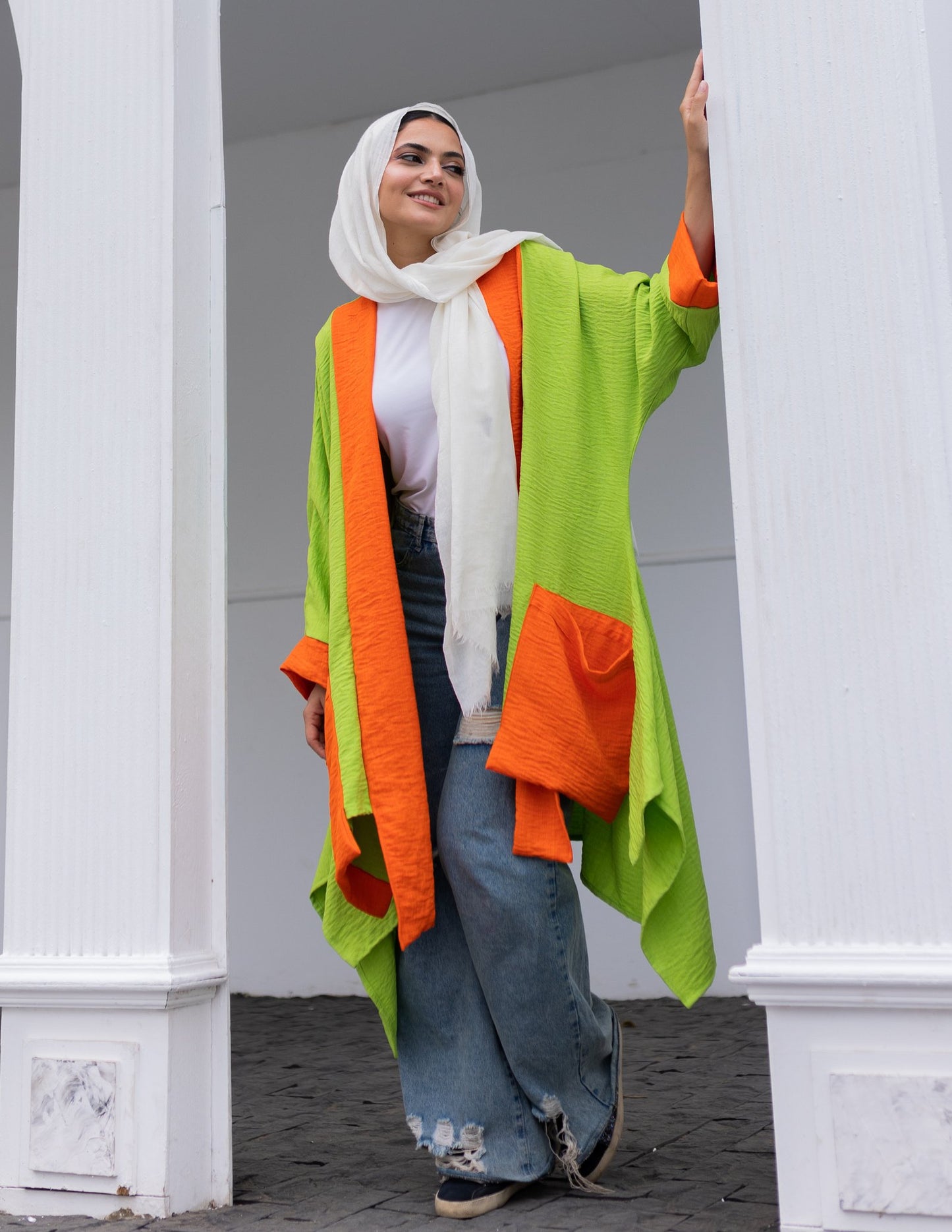 Linen Colorful Cardigan in Green- Orange