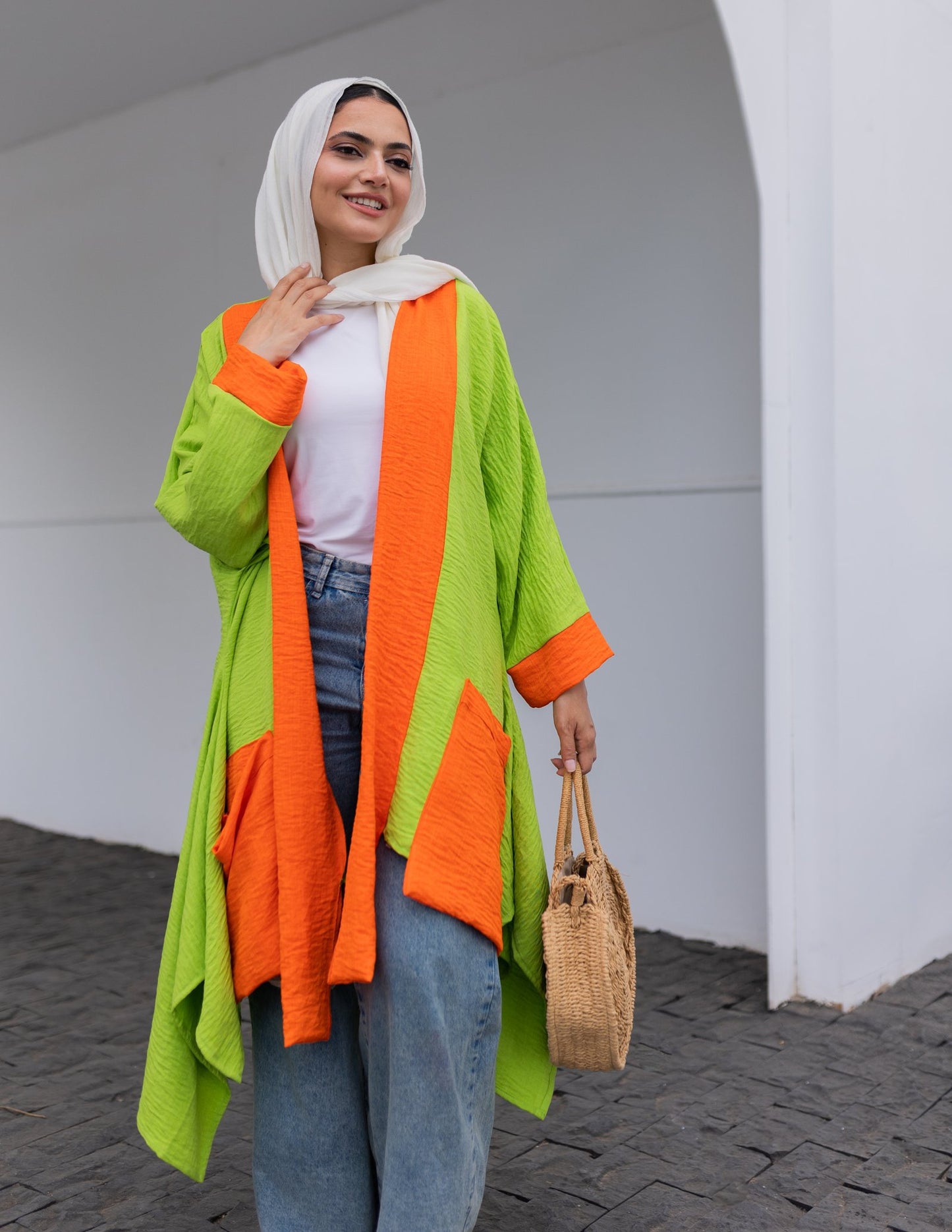 Linen Colorful Cardigan in Green- Orange