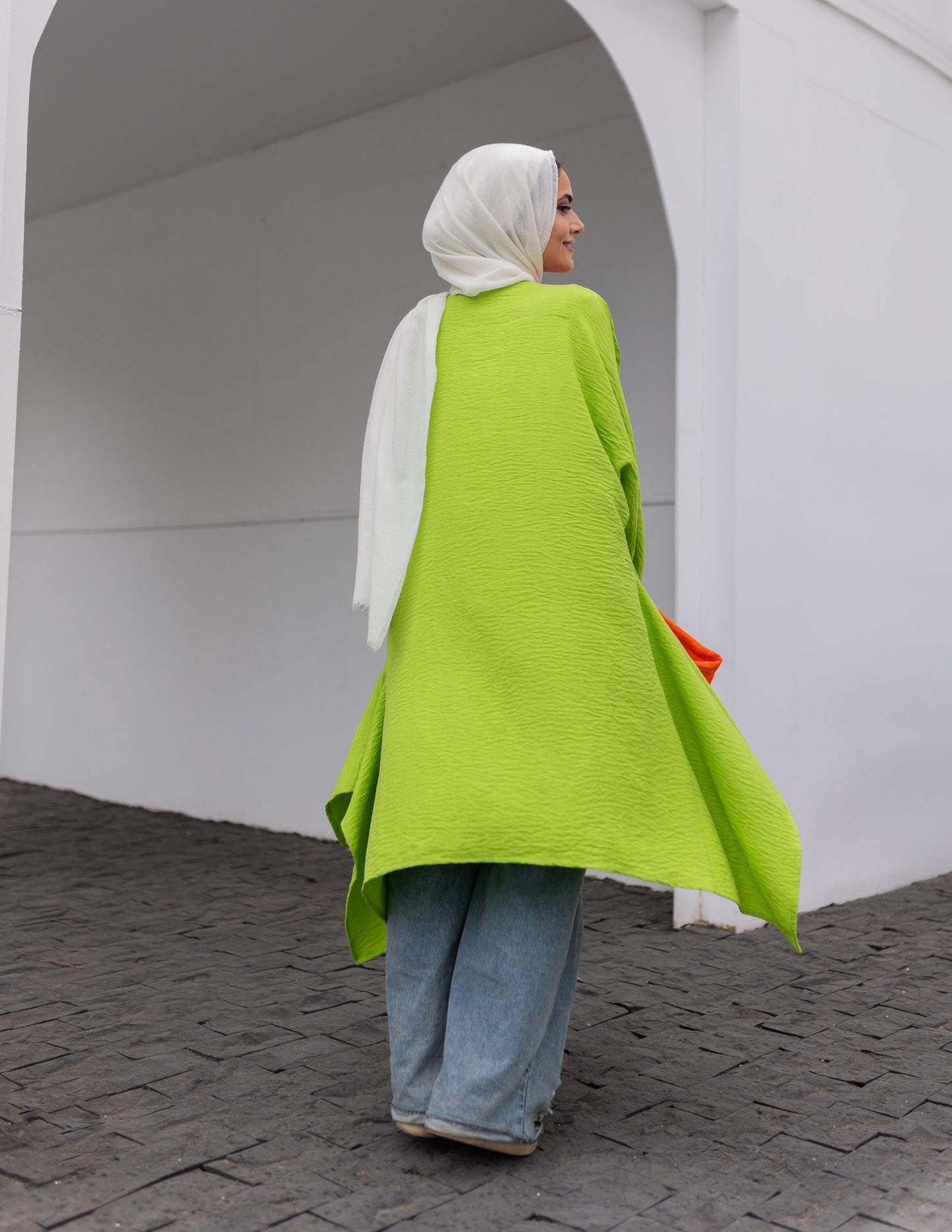 Linen Colorful Cardigan in Green- Orange