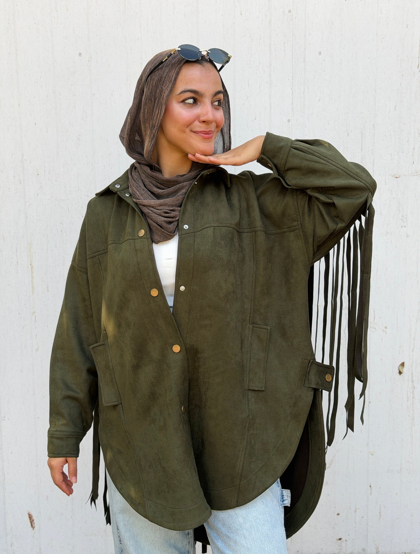 Back Fringes Suede Shirt in Olive
