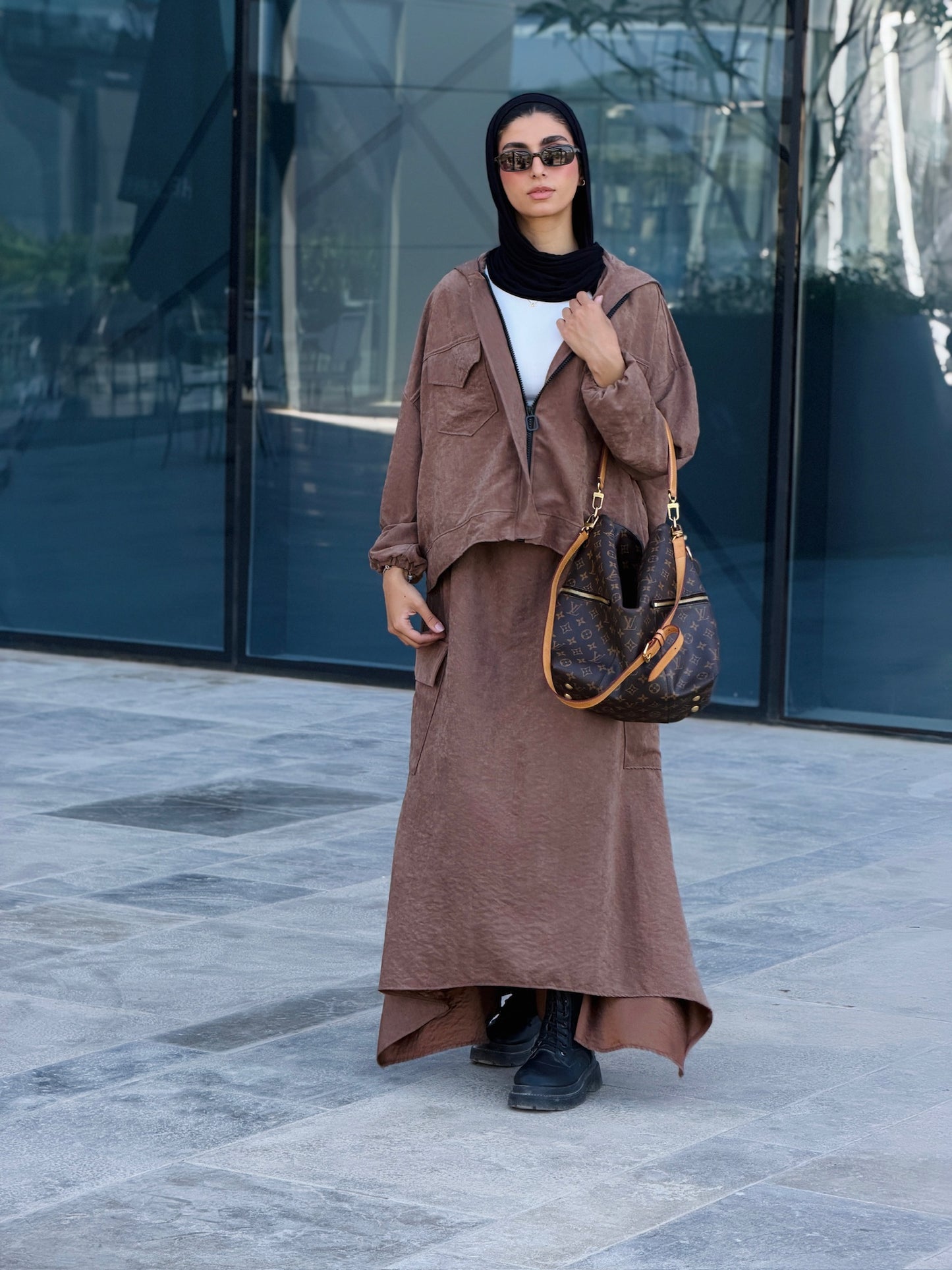 Bomber Jacket Flowy Skirt Set in Brown