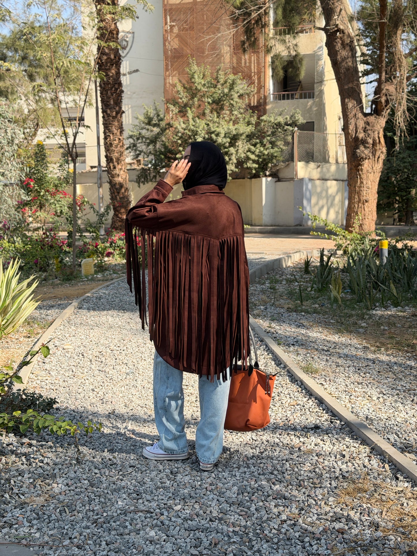 Back Fringes Suede Shirt in Brown