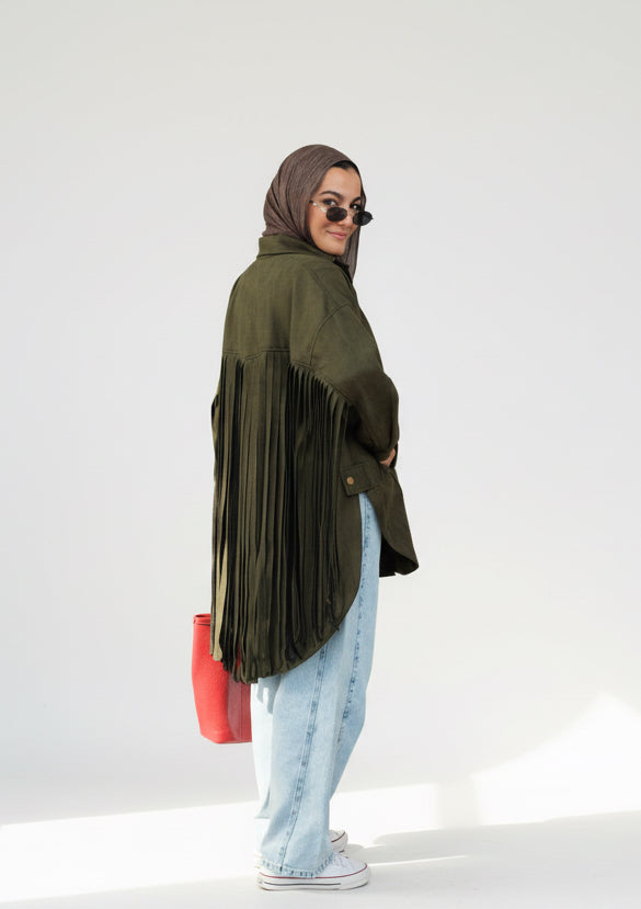 Back Fringes Suede Shirt in Olive