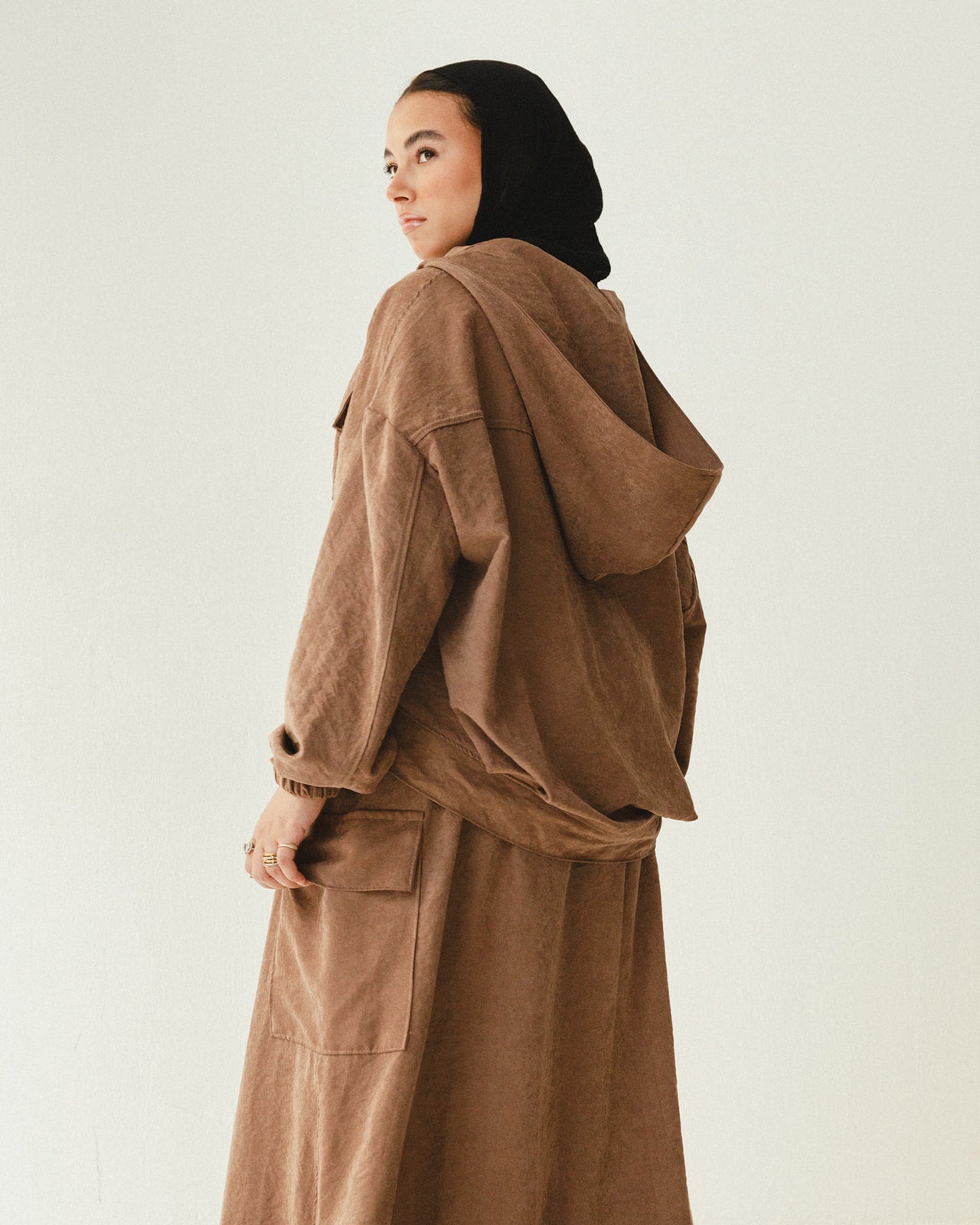 Bomber Jacket Flowy Skirt Set in Brown