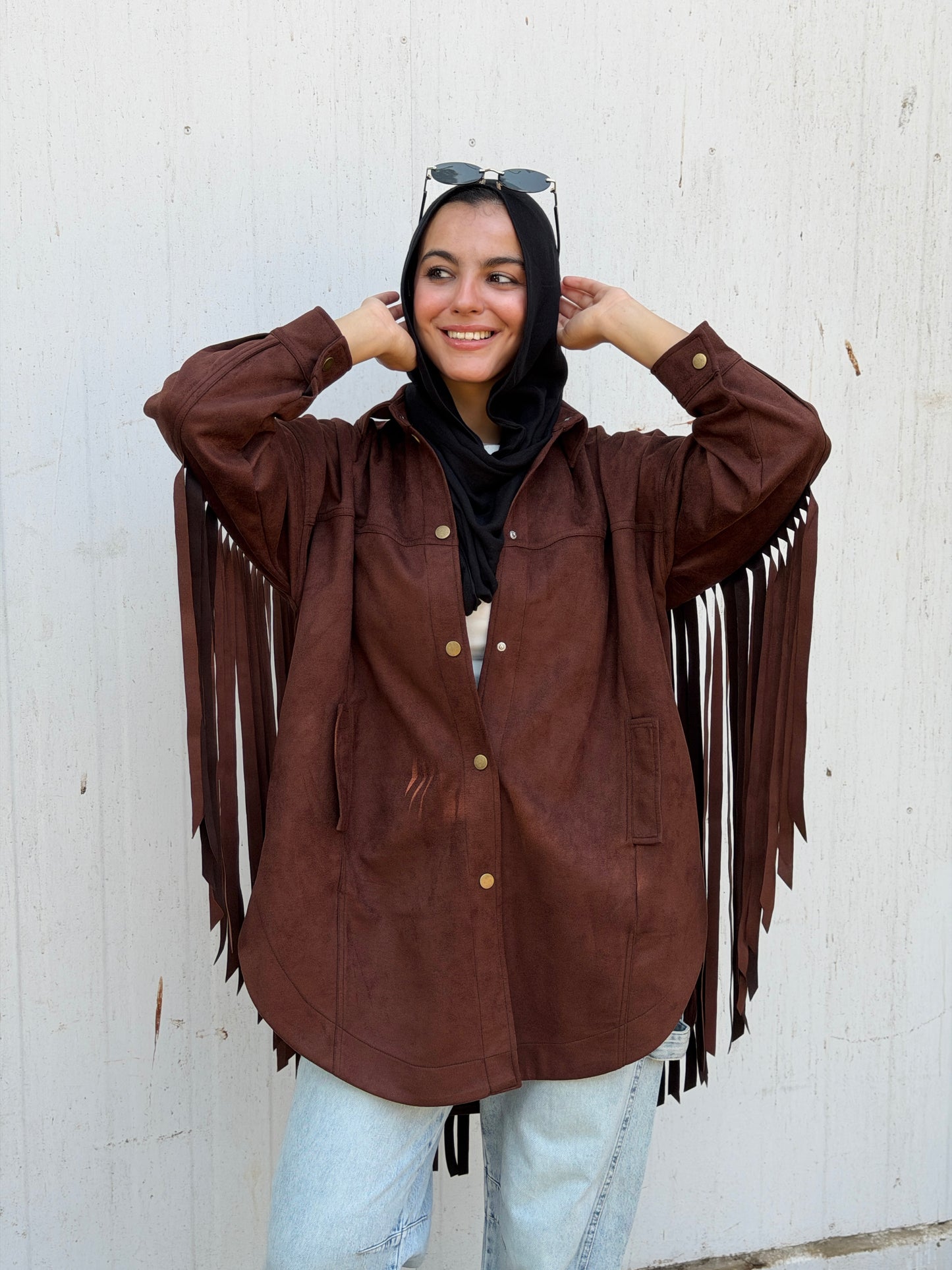 Back Fringes Suede Shirt in Brown