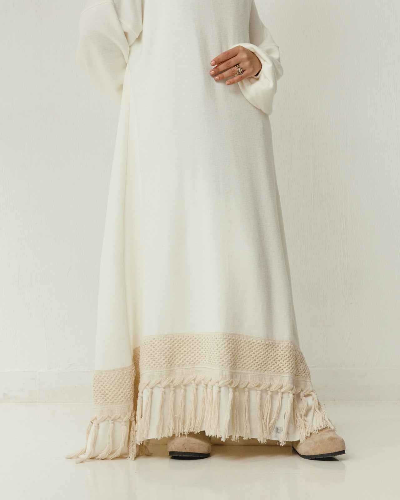 Ivory Soft Wool Fringes Dress