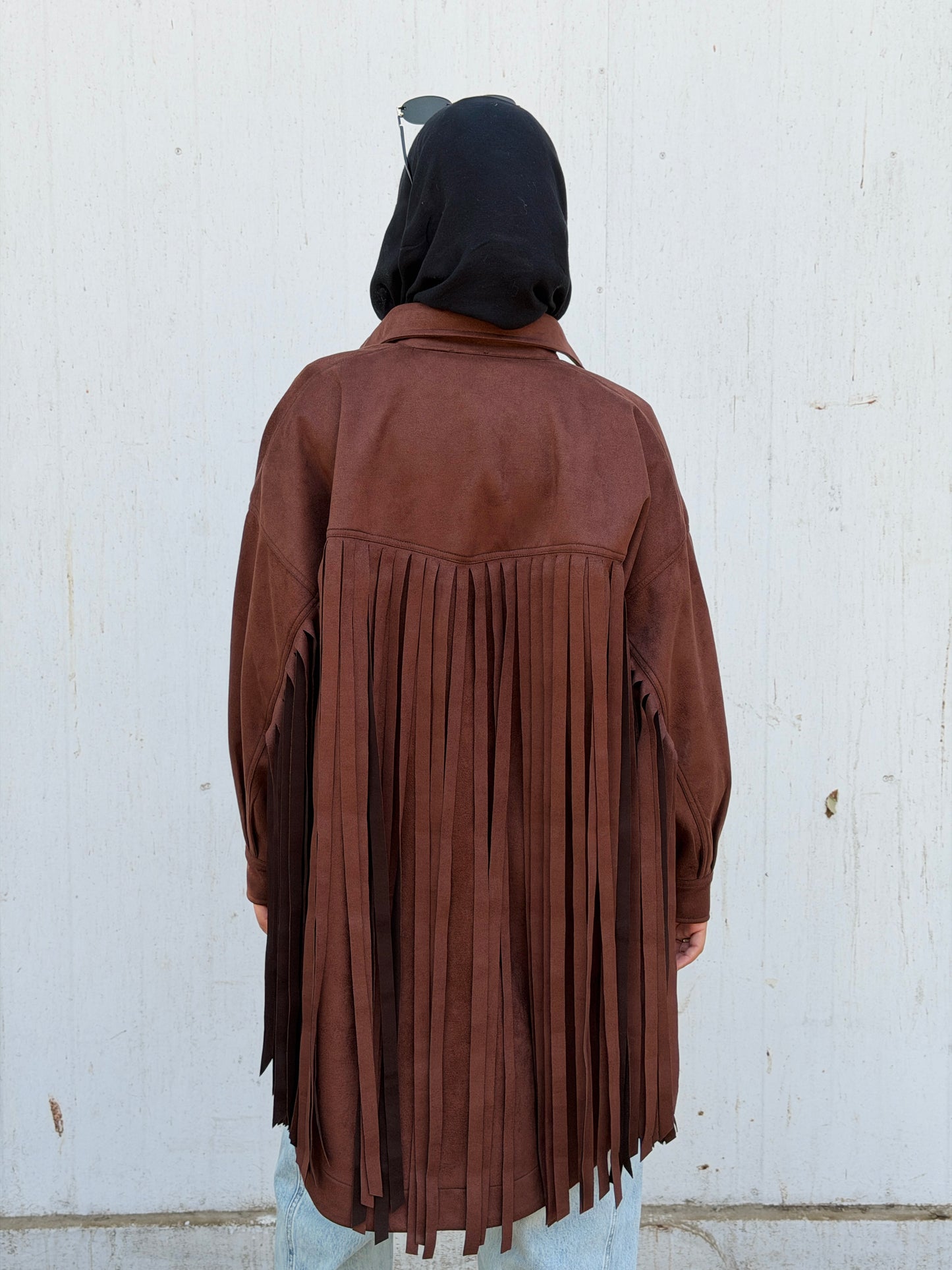 Back Fringes Suede Shirt in Brown