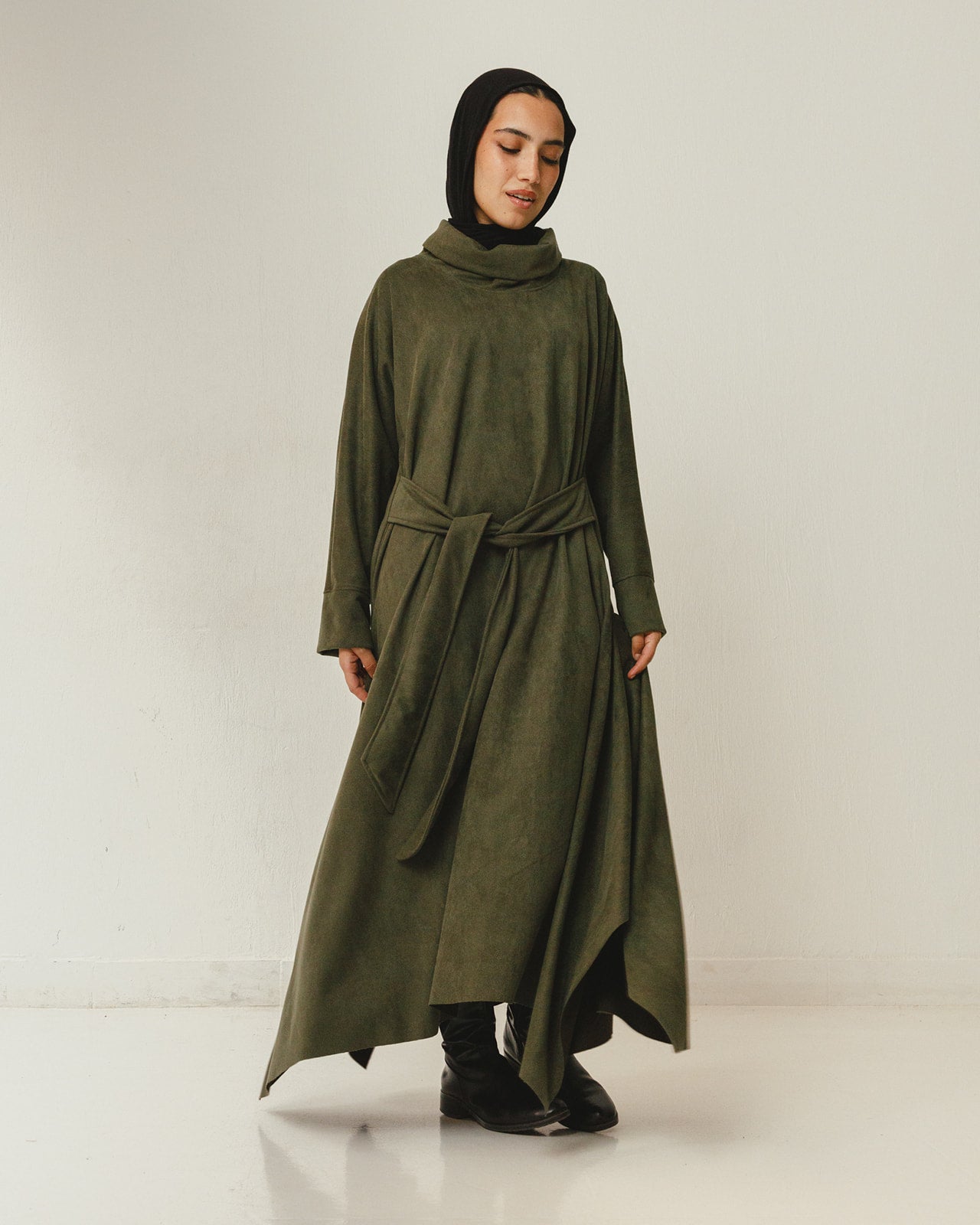 Asymmetrical Belt Dress in Olive