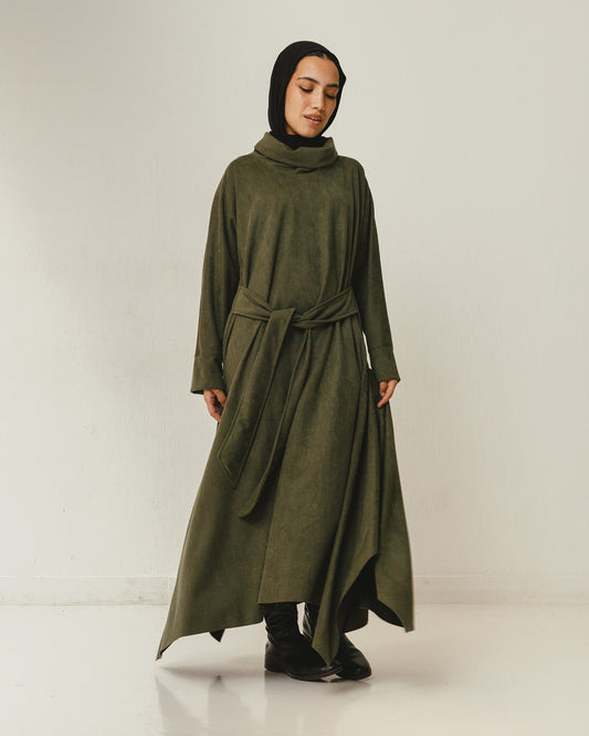 Asymmetrical Belt Dress in Olive